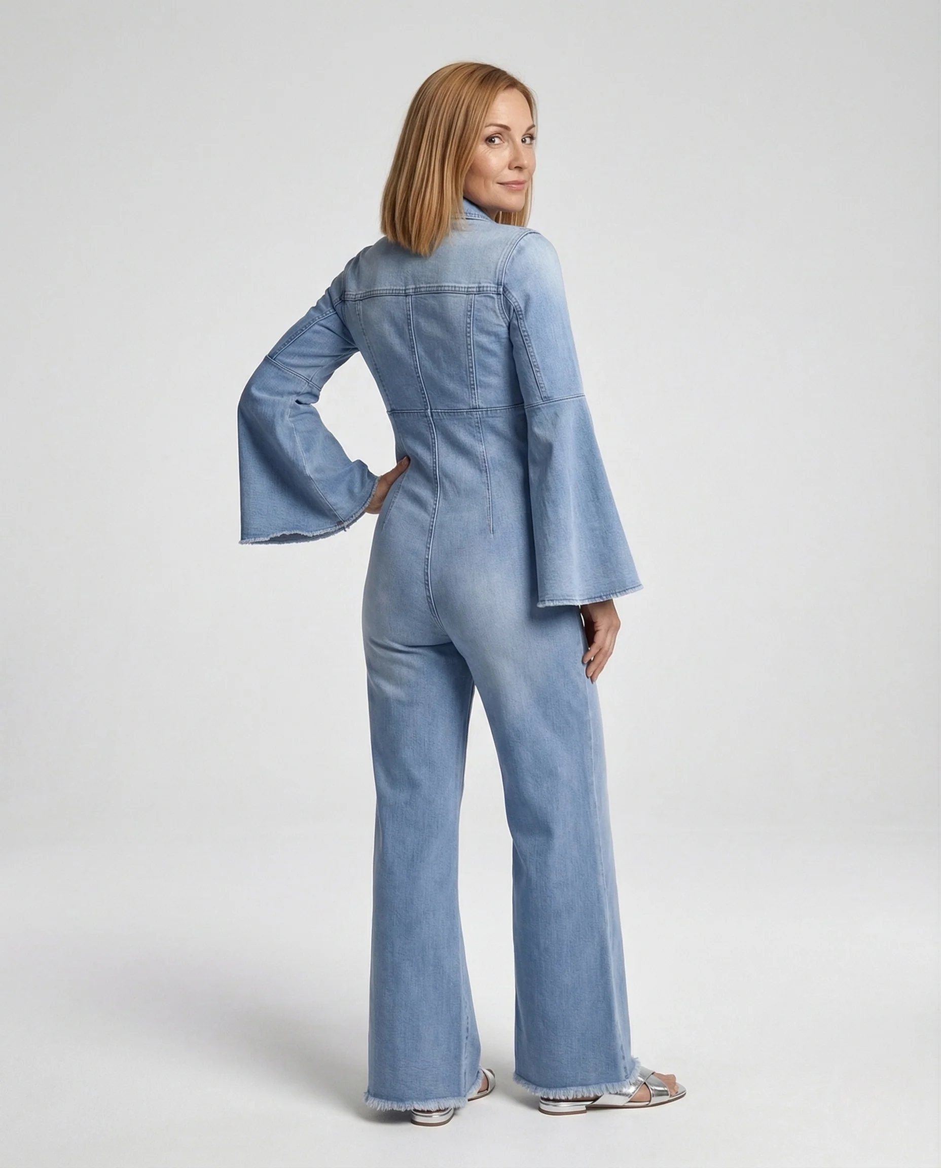Damen Jeans Overall mit V-Ausschnitt & Glockenärmeln - Image 3