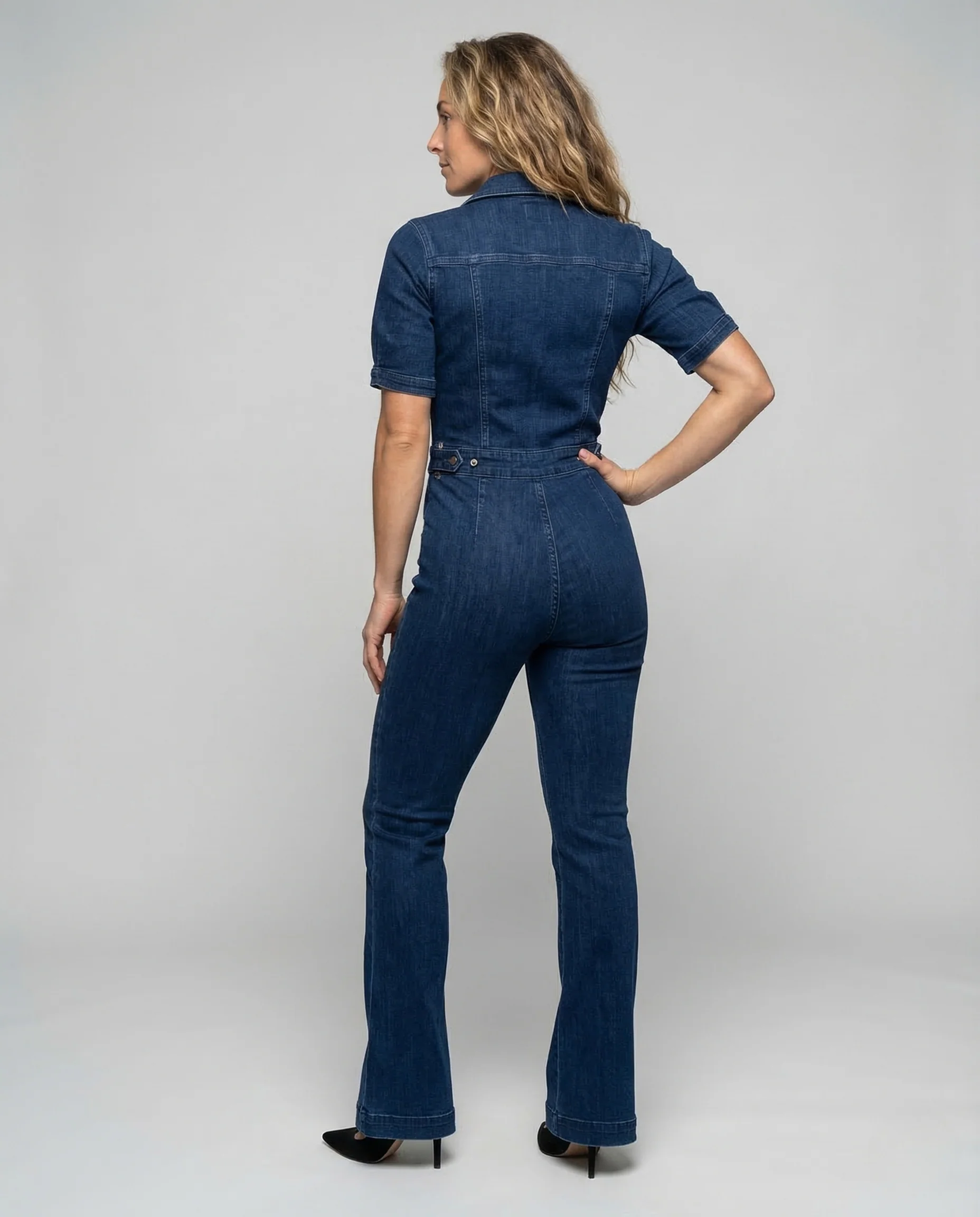 Damen Jeans Jumpsuit Tailliert V Ausschnitt Schlag - Image 3