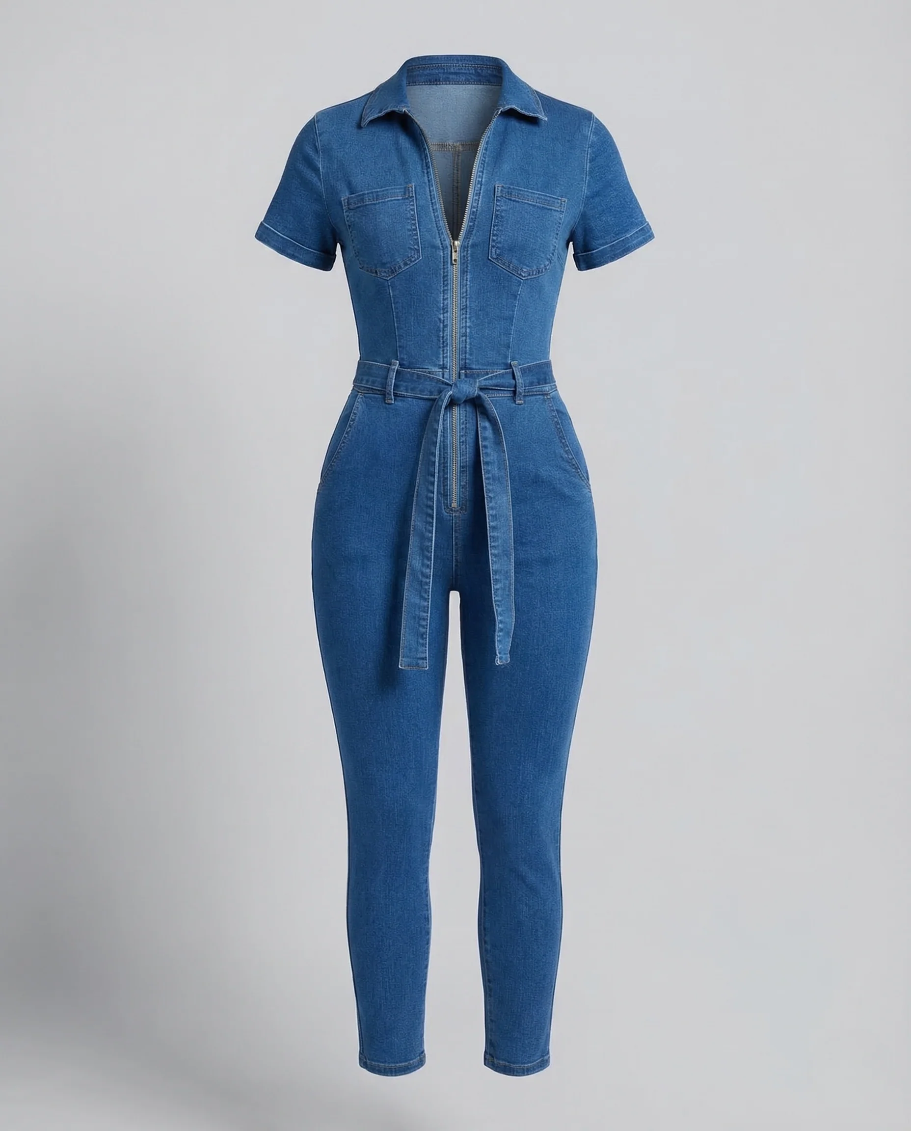 Damen Jeans Einteiler Kurzarm Reißverschluss - Image 4