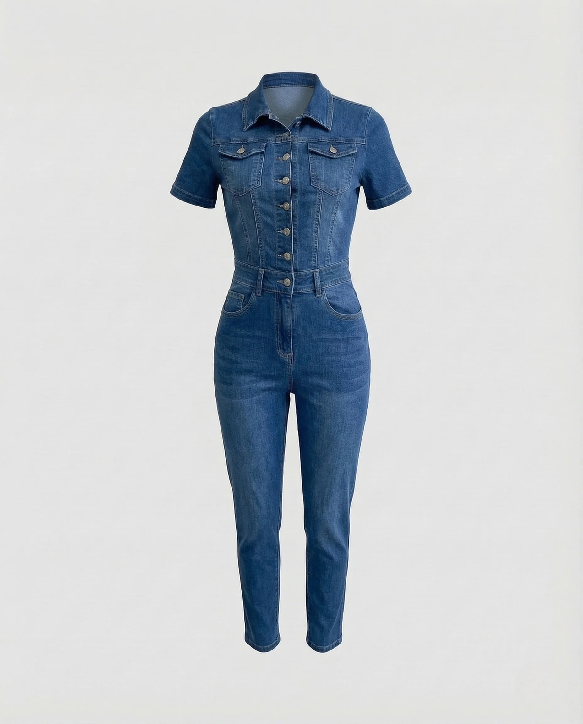 Damen kurzer Jeans Overall mit Hemdkragen Denim Playsuit - Image 7