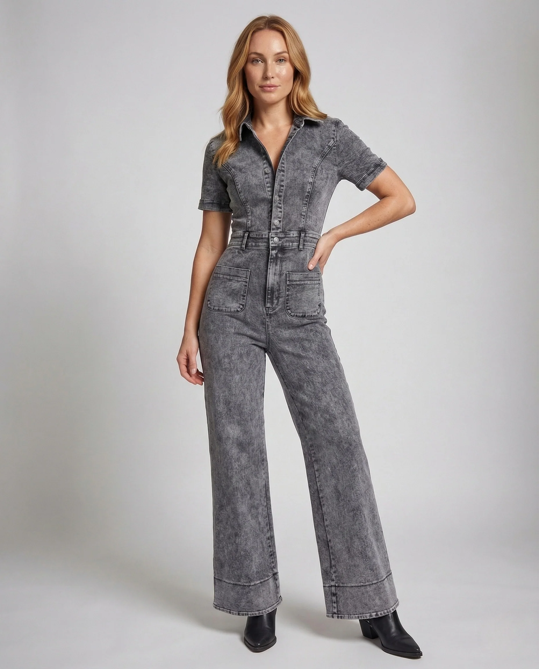 Damen Kurzarm Jeans Overall Tailliert mit Ausgestelltem Bein