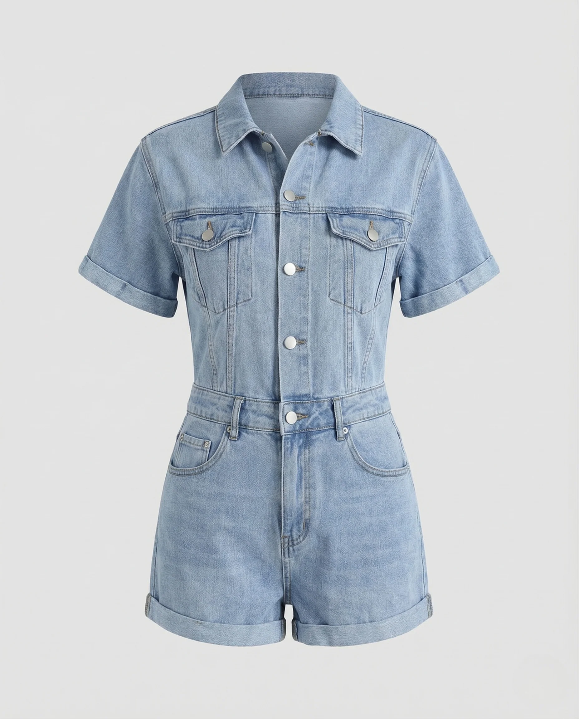 Damen Kurzer Jeans Overall Tailliert mit Druckknopfverschluss - Image 4