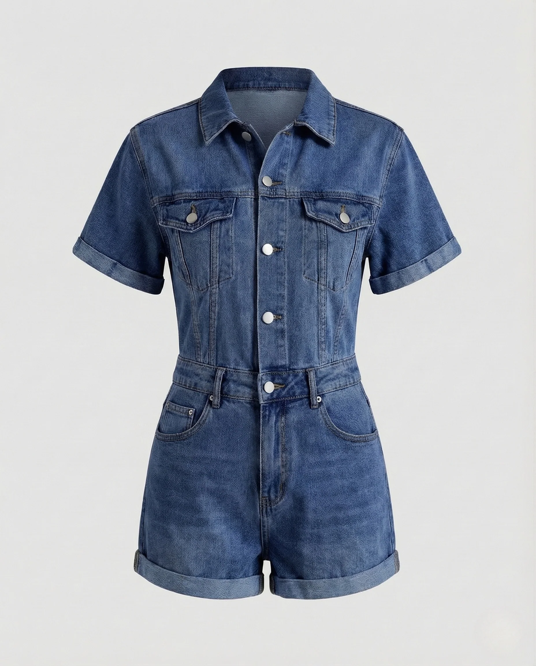 Damen Kurzer Jeans Overall Tailliert mit Druckknopfverschluss - Image 5
