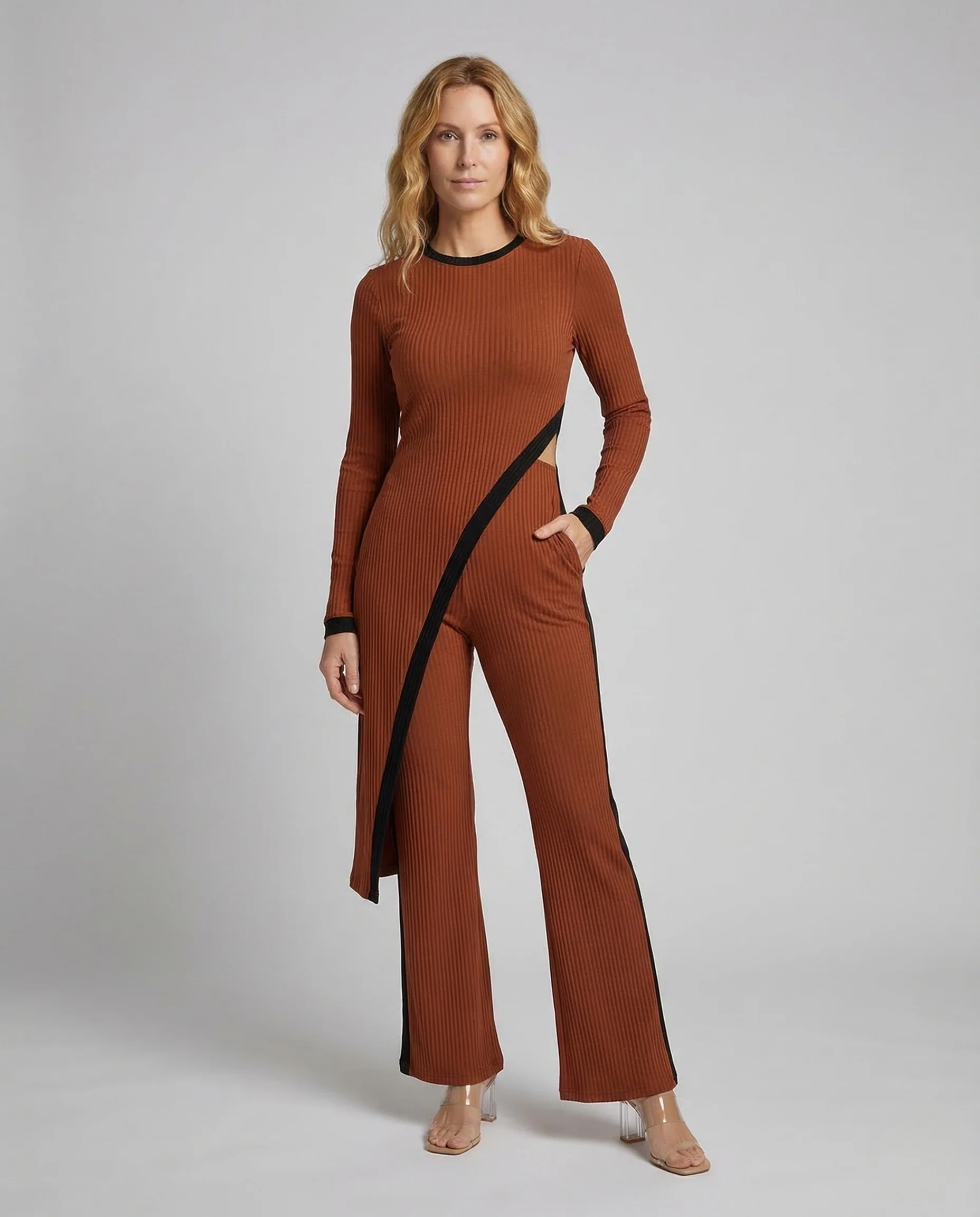 Damen Rippstrick Jumpsuit Schlaghose