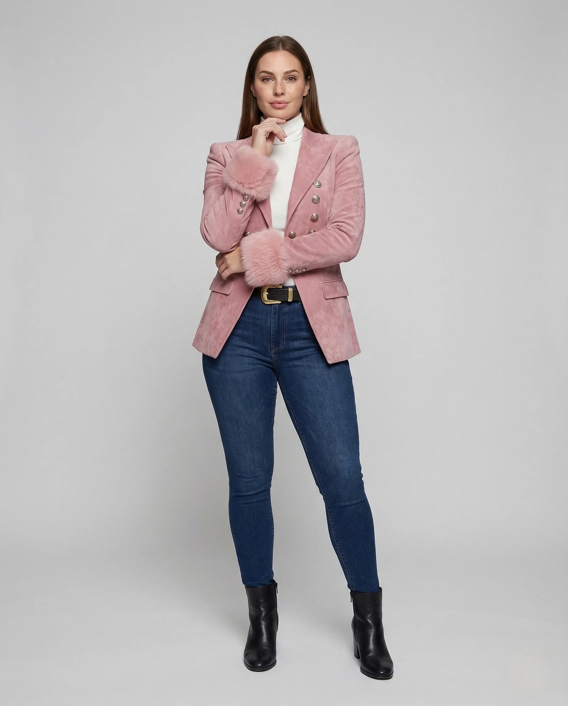 Damen Samt Blazer Kunstfellmanschetten