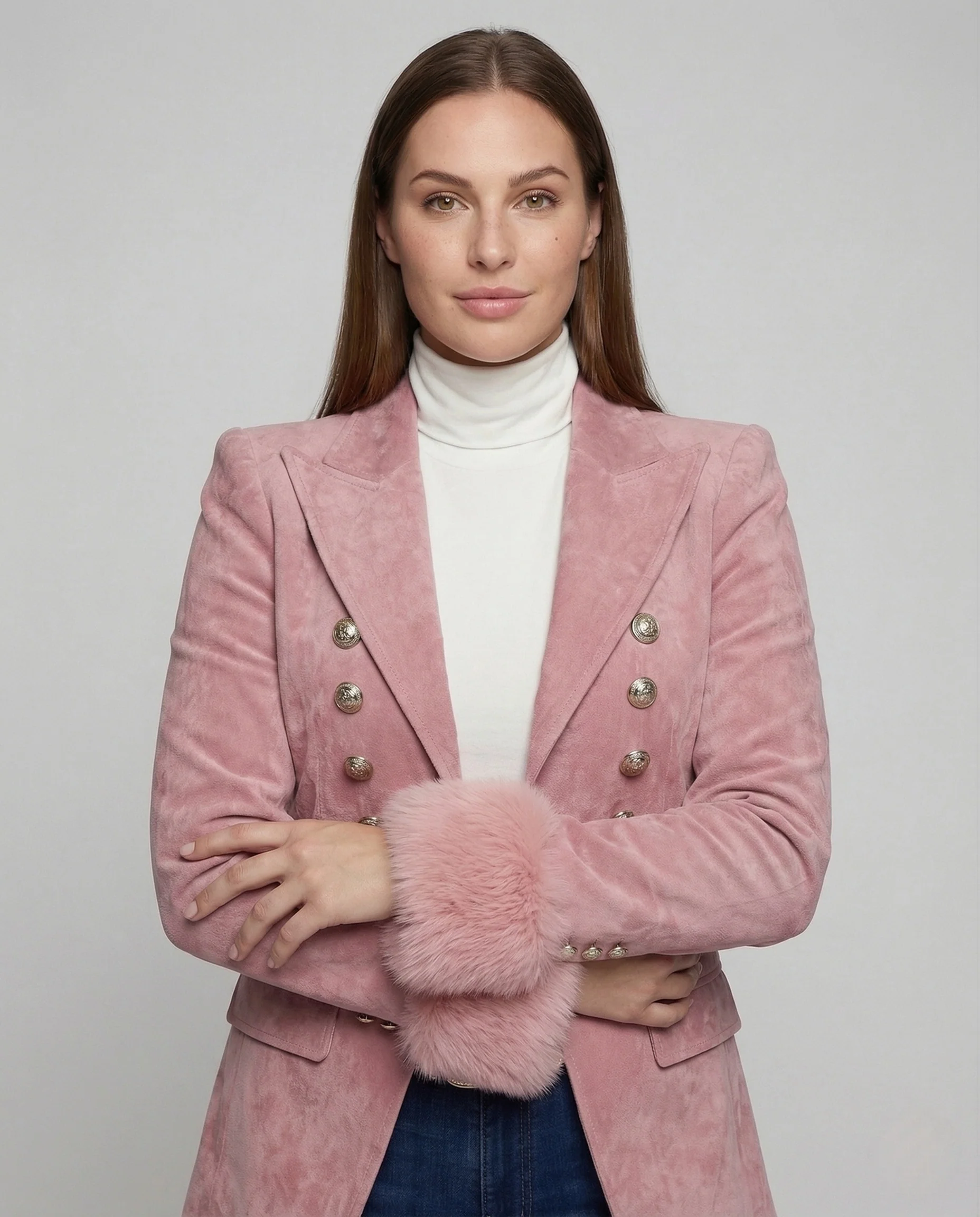 Damen Samt Blazer Kunstfellmanschetten - Image 2