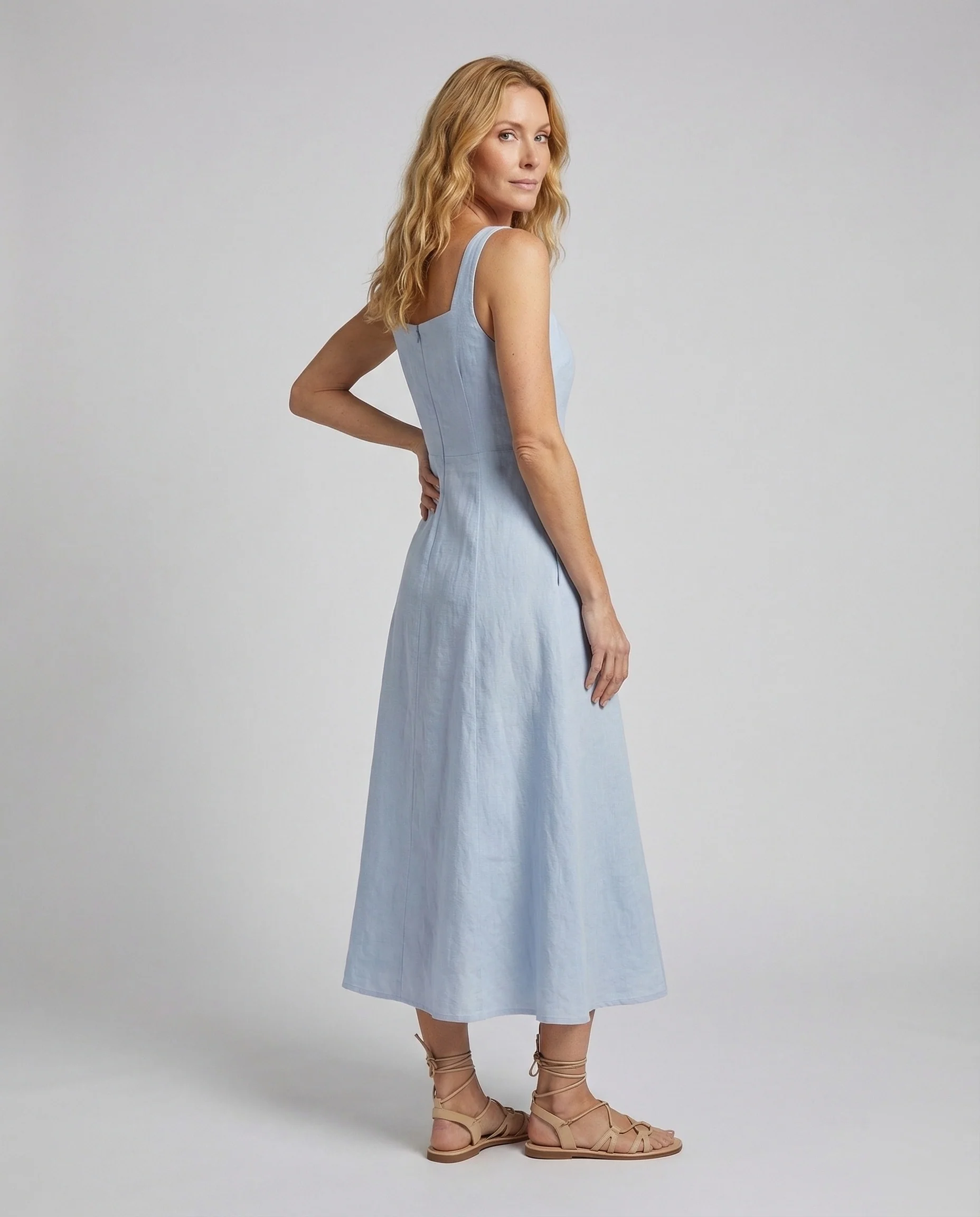 Damen Leinenmix A-Linien Maxikleid