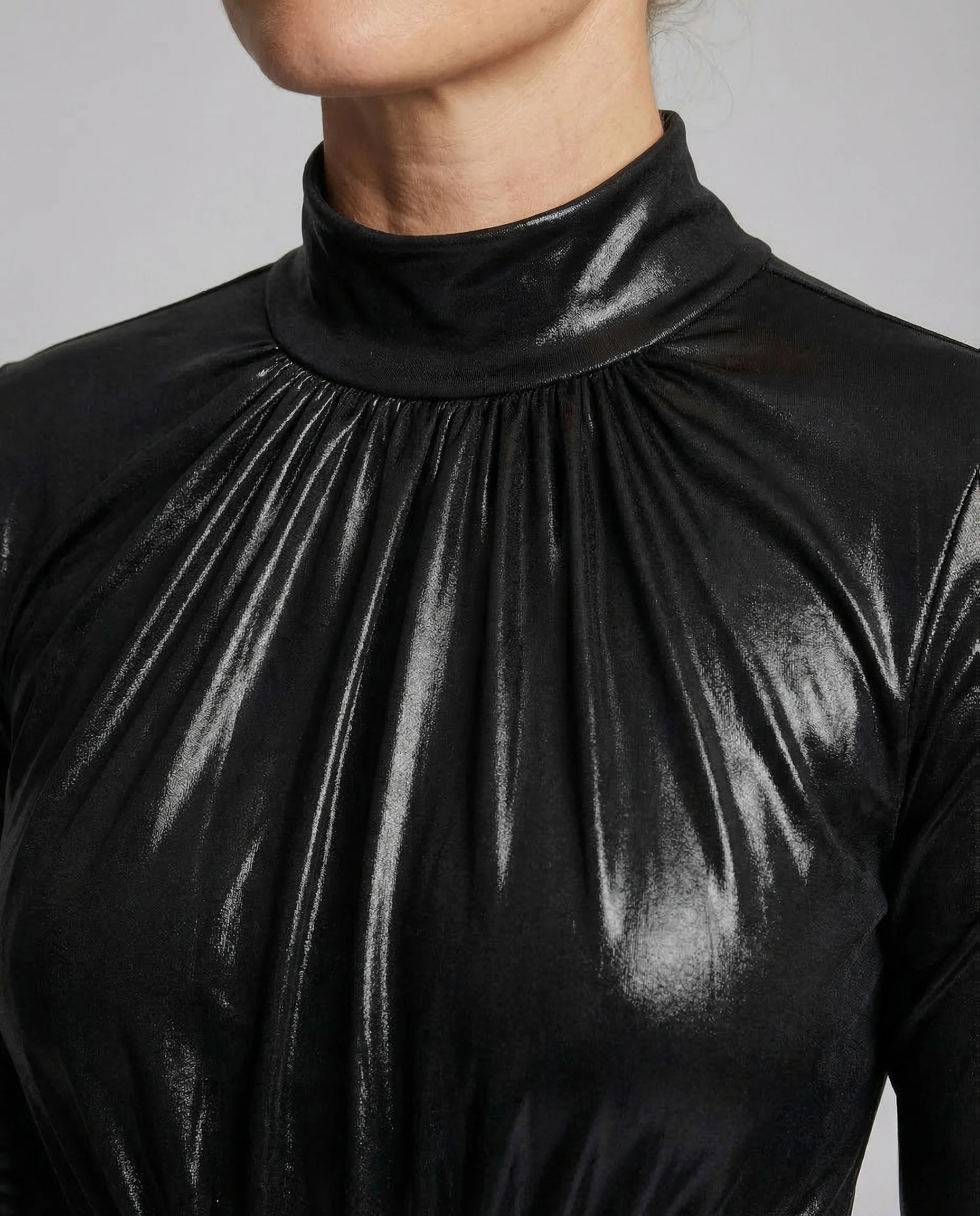 Damen Lack Abendkleid Stehkragen Schlitz - Image 3