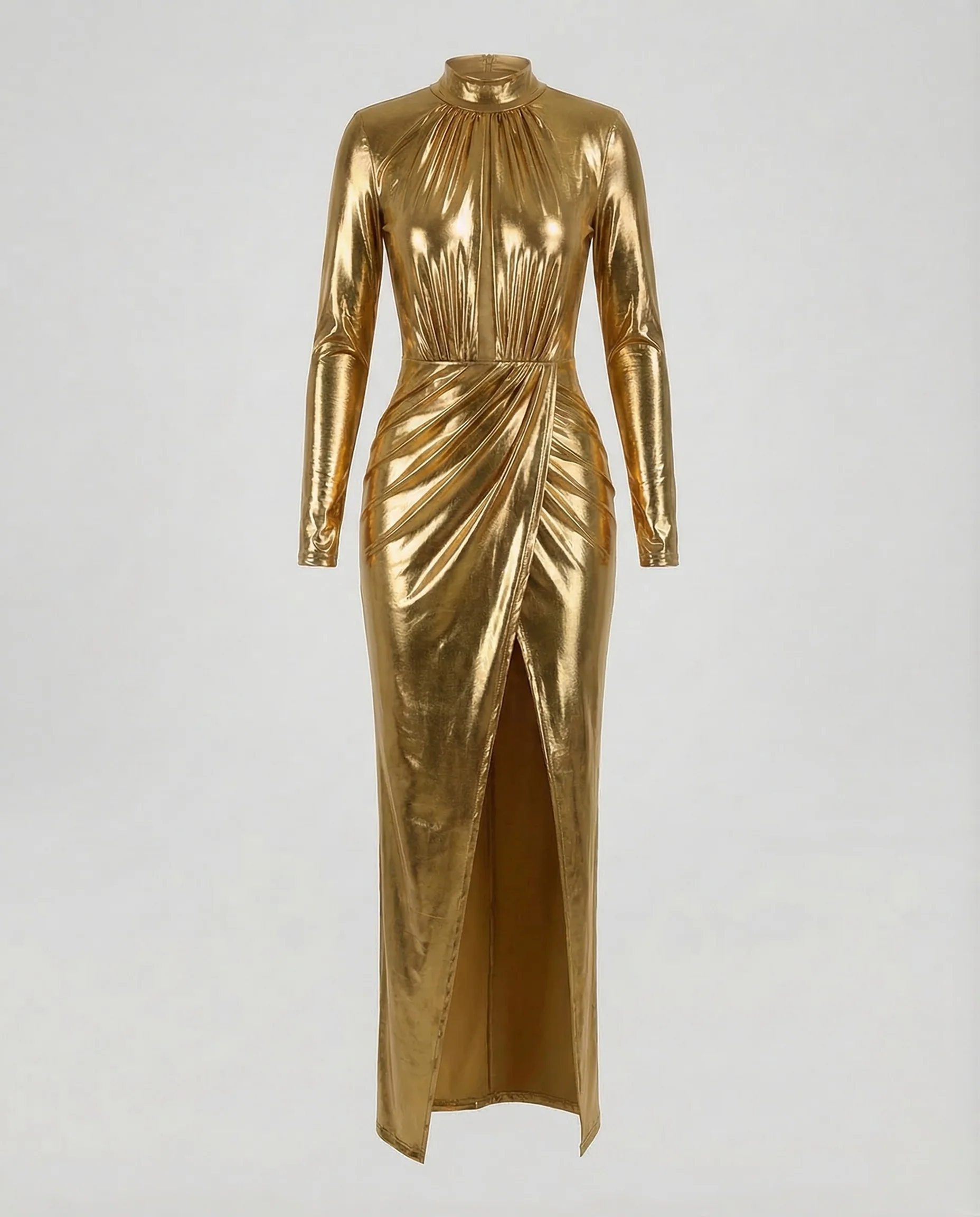 Damen Lack Abendkleid Stehkragen Schlitz - Image 6