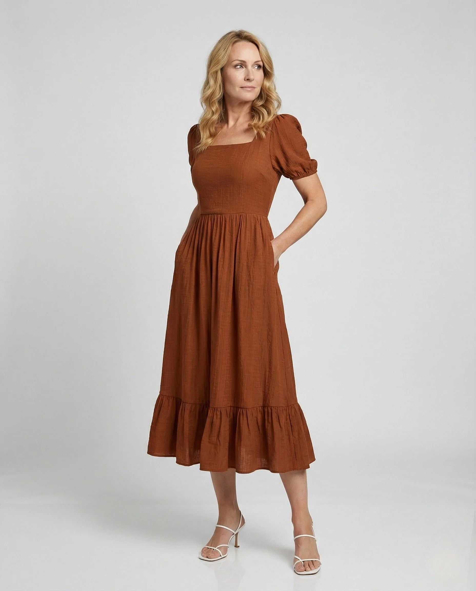 Damen Baumwoll-Leinen Maxikleid mit Puffärmeln