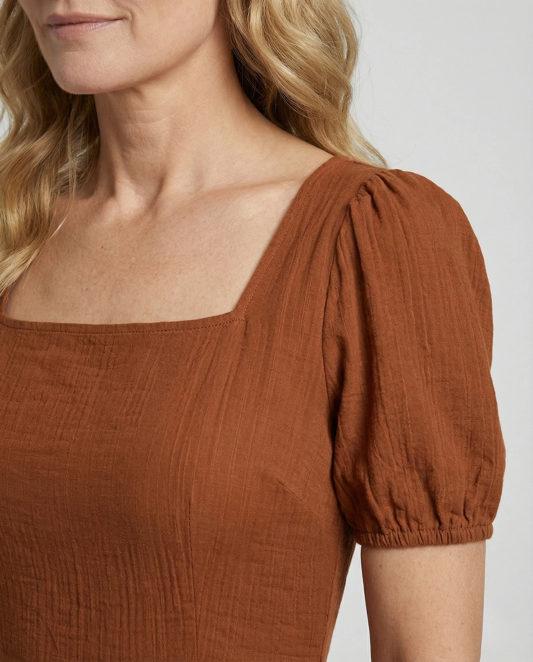 Damen Baumwoll-Leinen Maxikleid mit Puffärmeln - Image 4