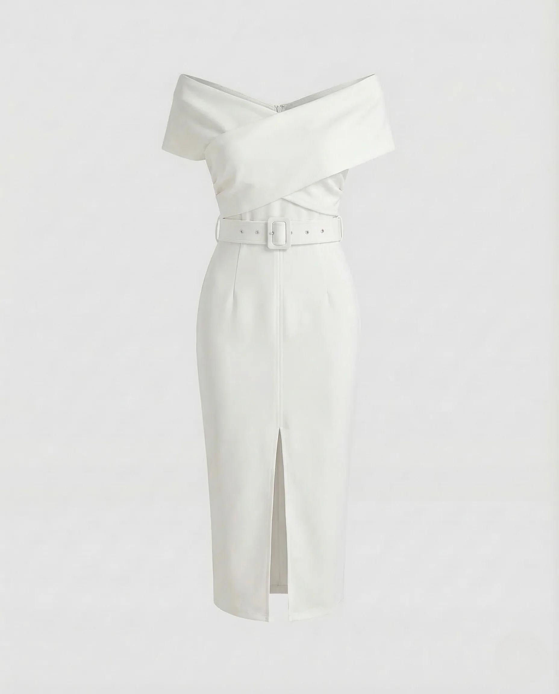 Damen Etuikleid Carmenkragen Gürtel Schlitz - Image 11