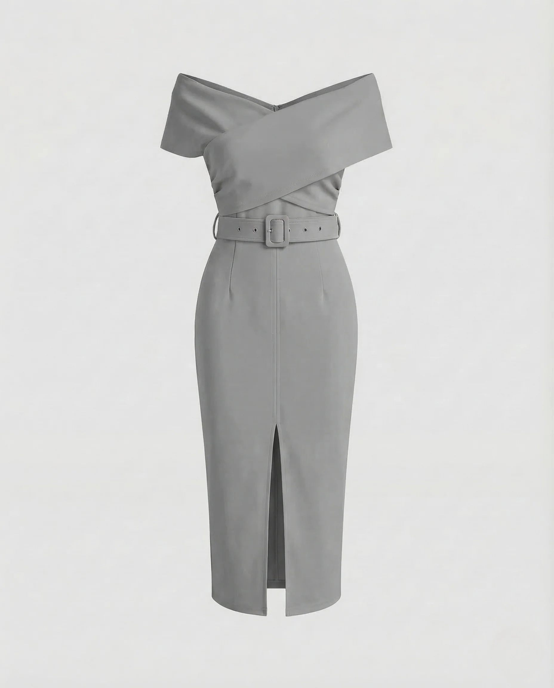 Damen Etuikleid Carmenkragen Gürtel Schlitz - Image 7