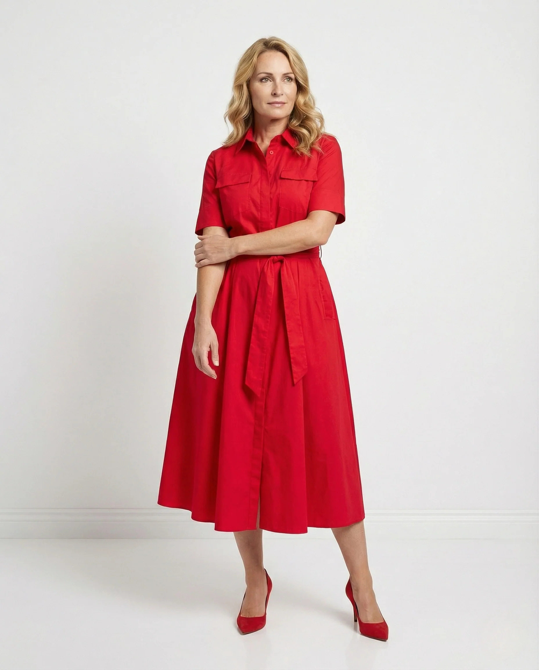 Damen Hemdblusenkleid mit Bindegürtel