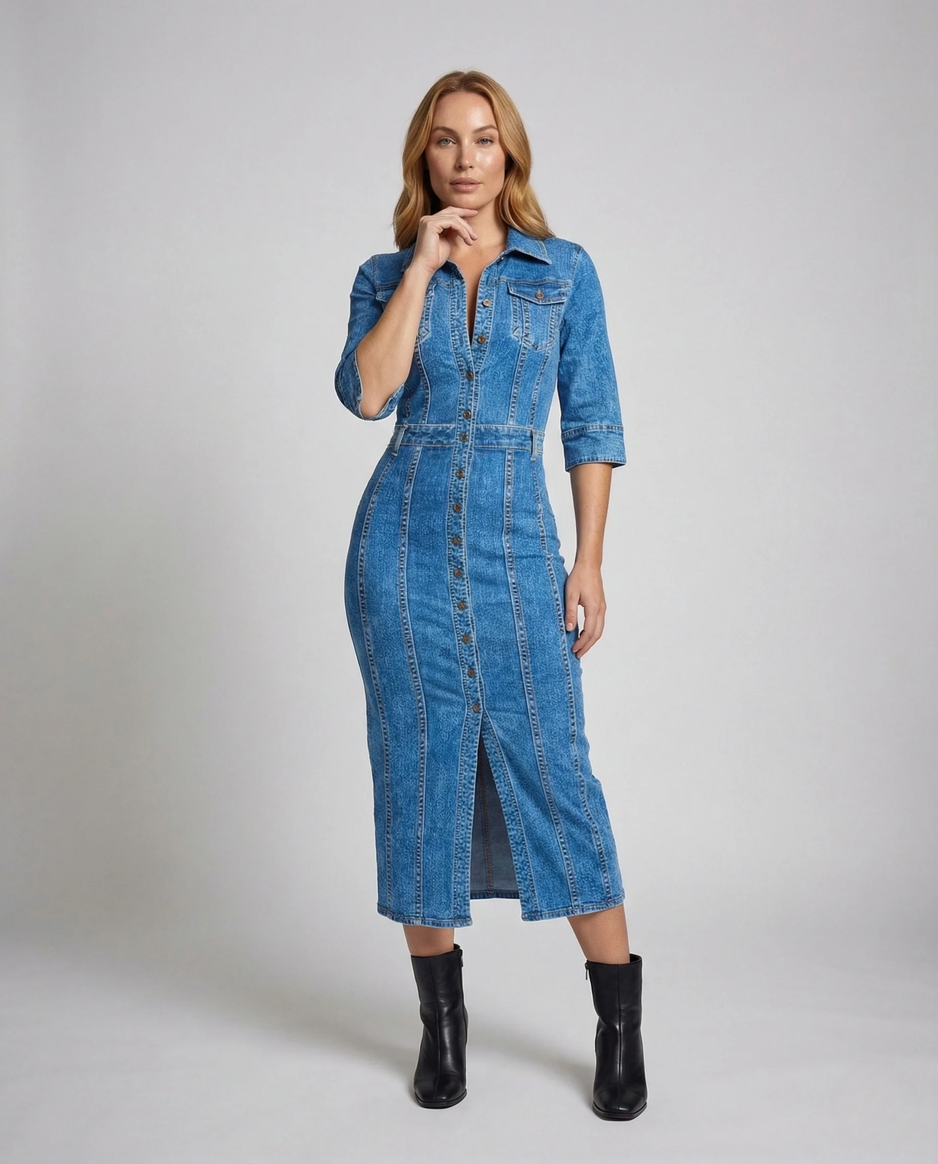 Damen Jeans Midikleid mit Knopfleiste