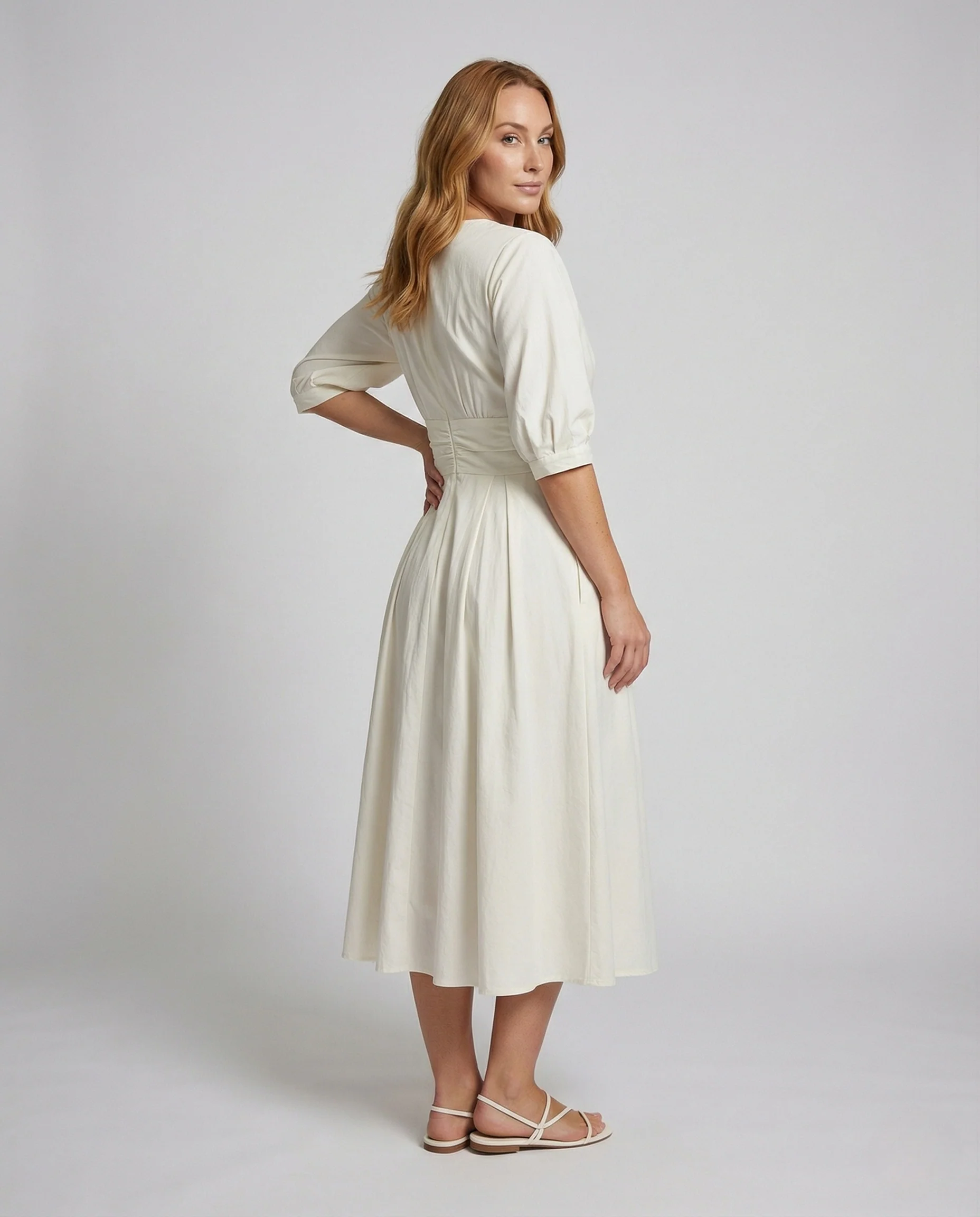 Damen Leinen Midikleid mit Stehkragen