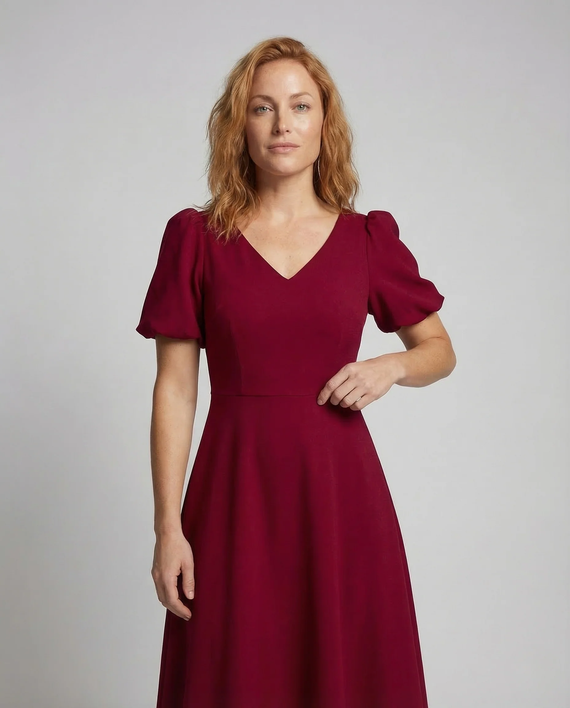 Damen Midikleid V Ausschnitt Puffärmel - Image 2