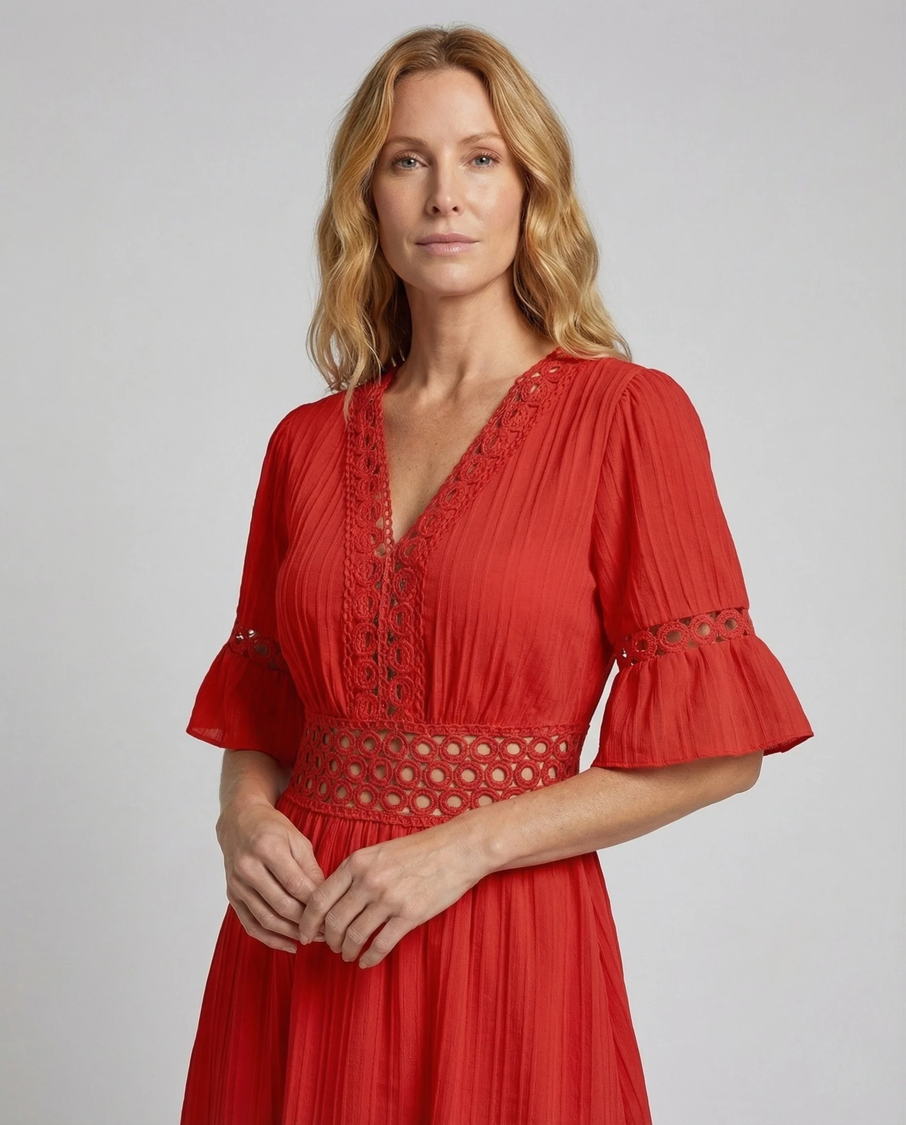 Damen Kurzkleid Plissee V Ausschnitt Spitze - Image 2