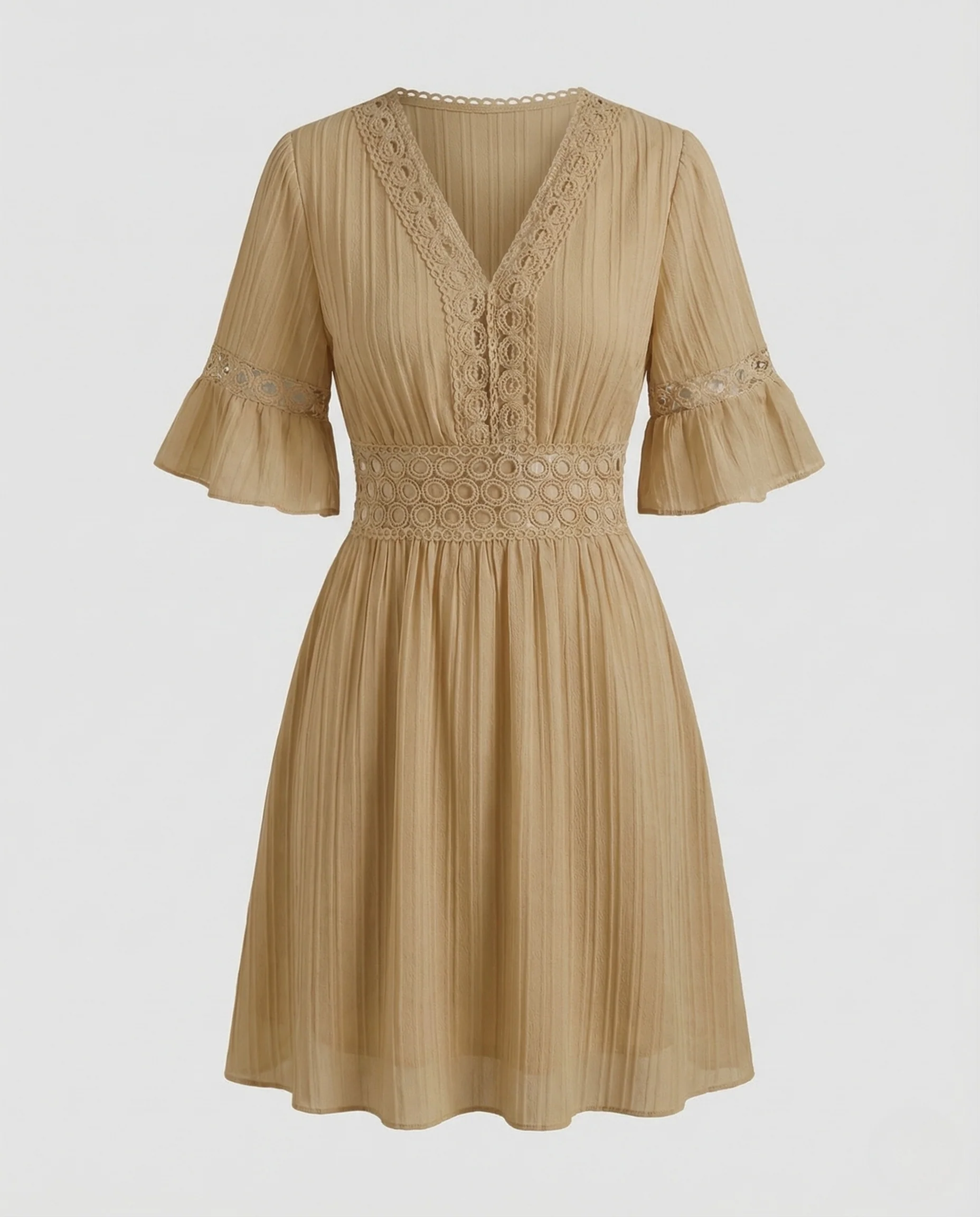 Damen Kurzkleid Plissee V Ausschnitt Spitze - Image 5