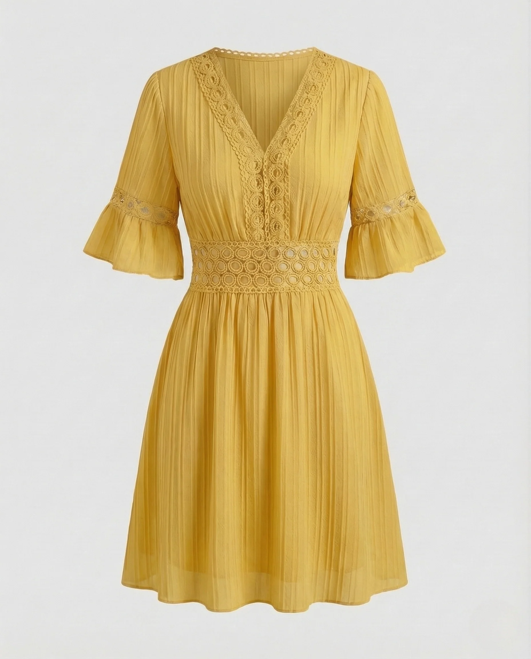 Damen Kurzkleid Plissee V Ausschnitt Spitze - Image 6