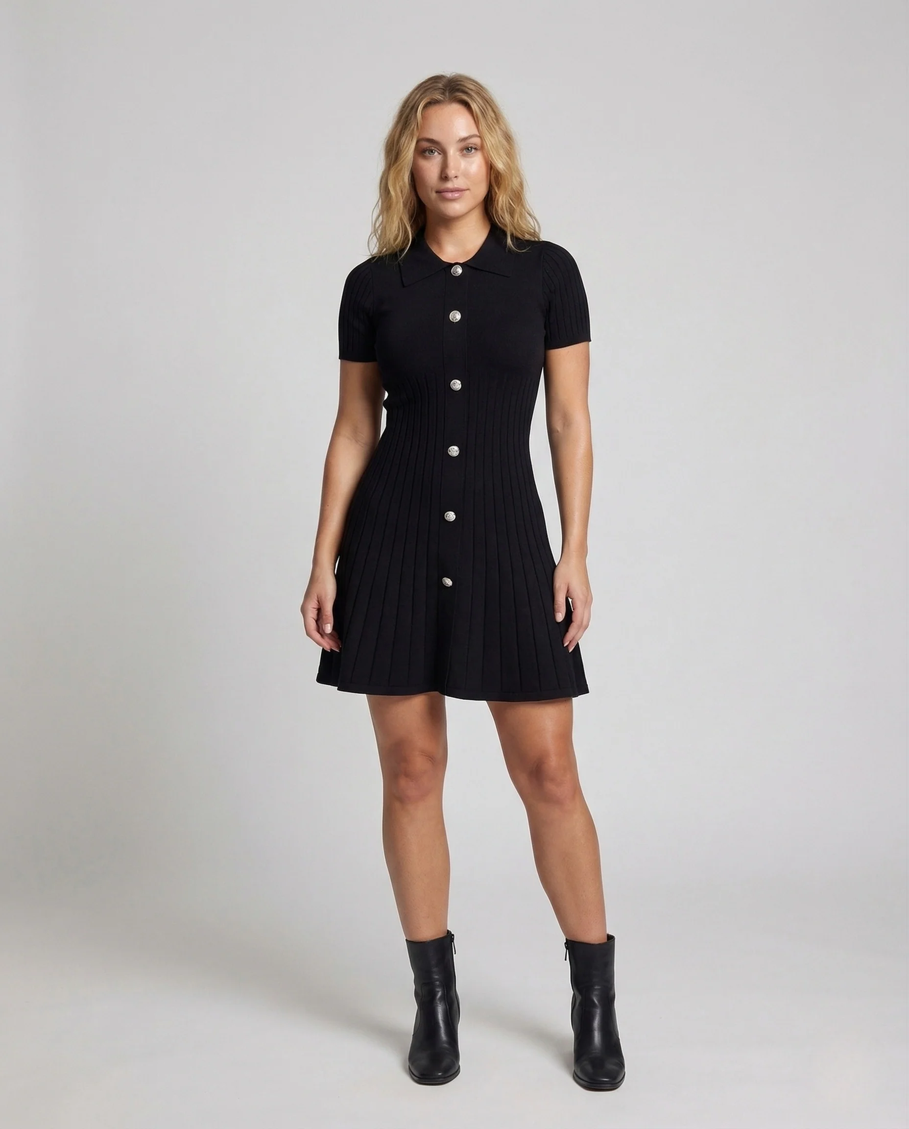 Damen Rippstrickkleid Polokragen Knopfleiste