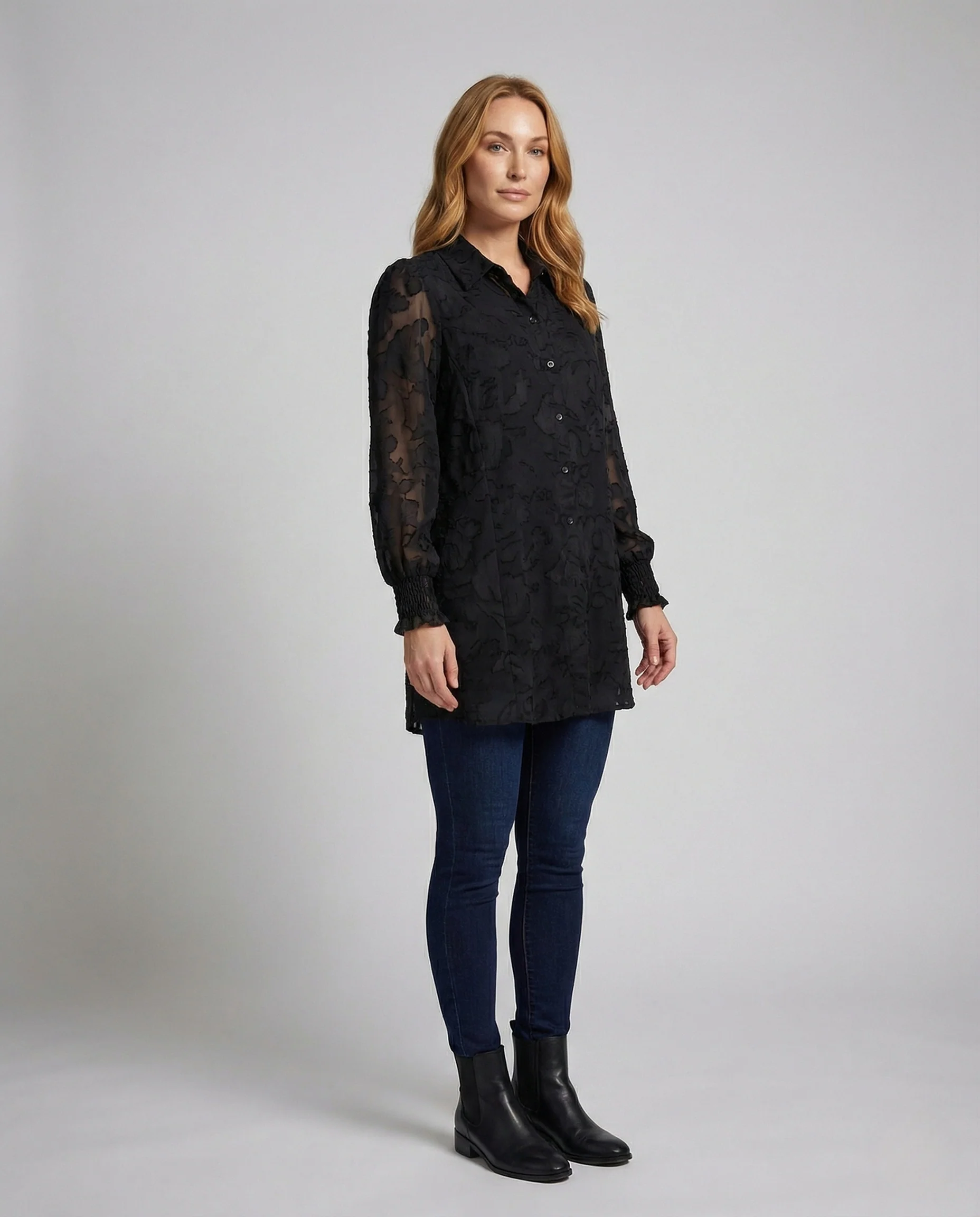 Damen Transparente Chiffon Tunika mit Ballonärmeln