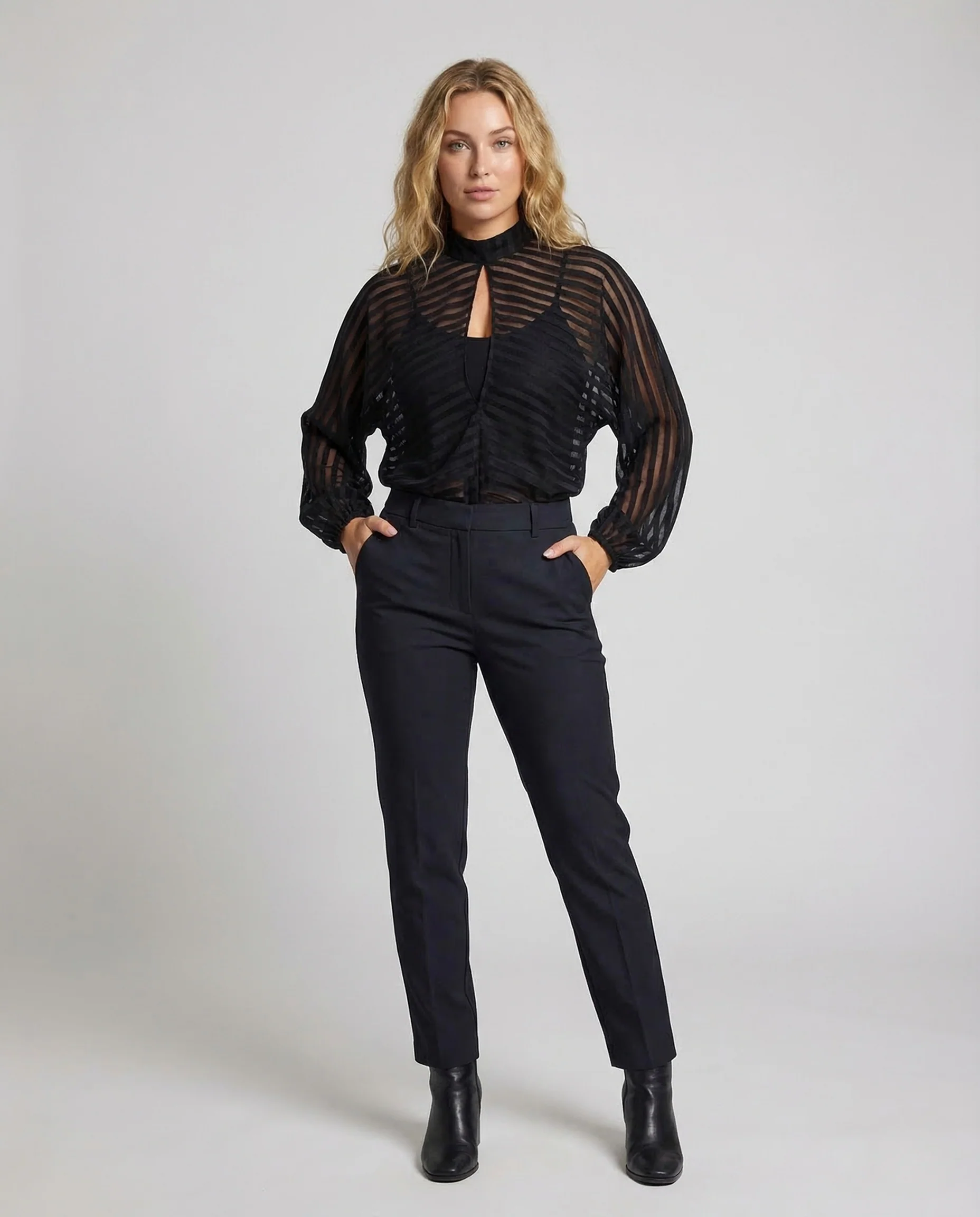 Damen Chiffonbluse Transparent Stehkragen Ballonärmel - Image 2