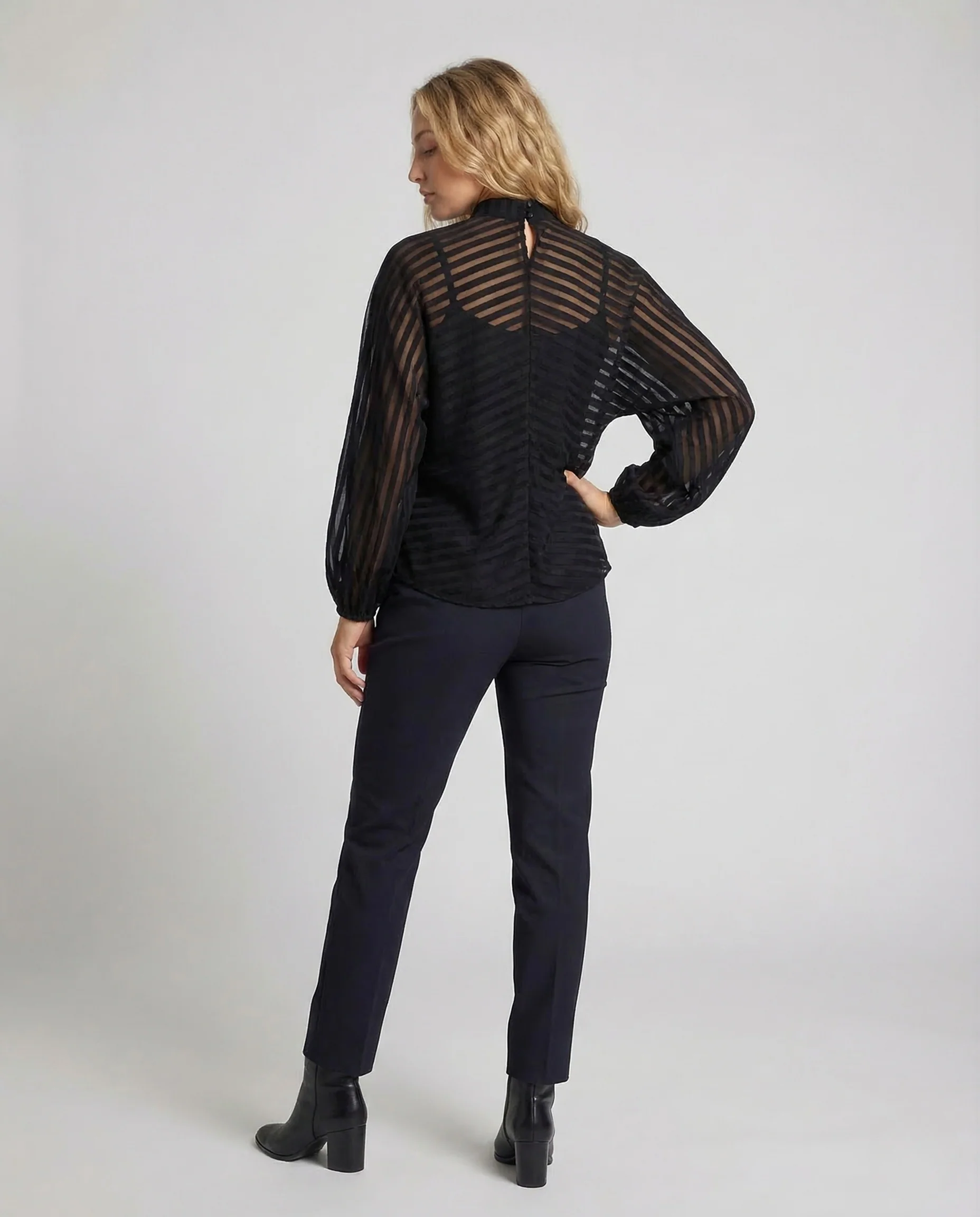 Damen Chiffonbluse Transparent Stehkragen Ballonärmel - Image 3
