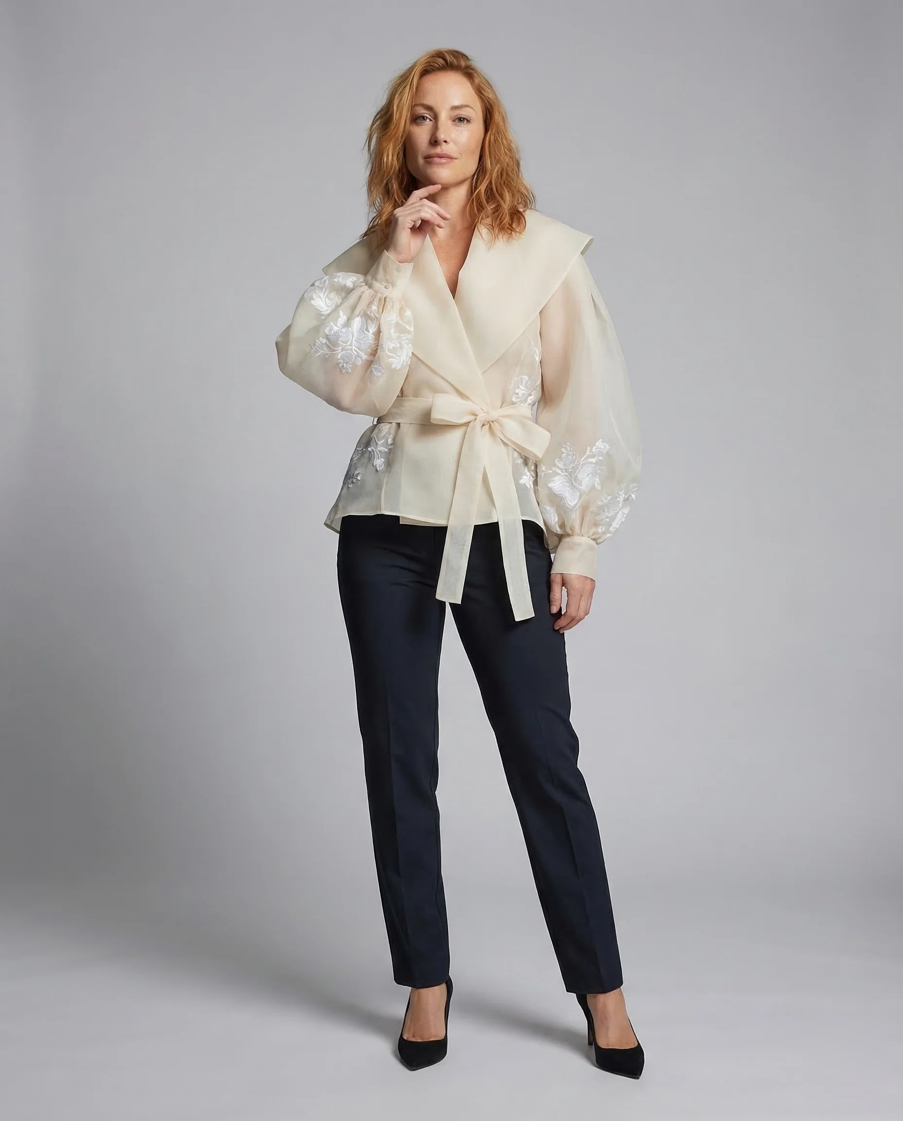 Damen Organza Wickelbluse Stickerei