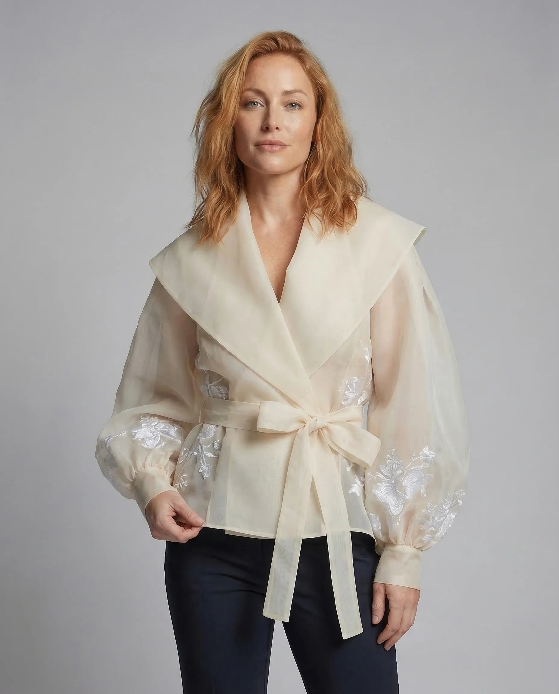 Damen Organza Wickelbluse Stickerei - Image 2