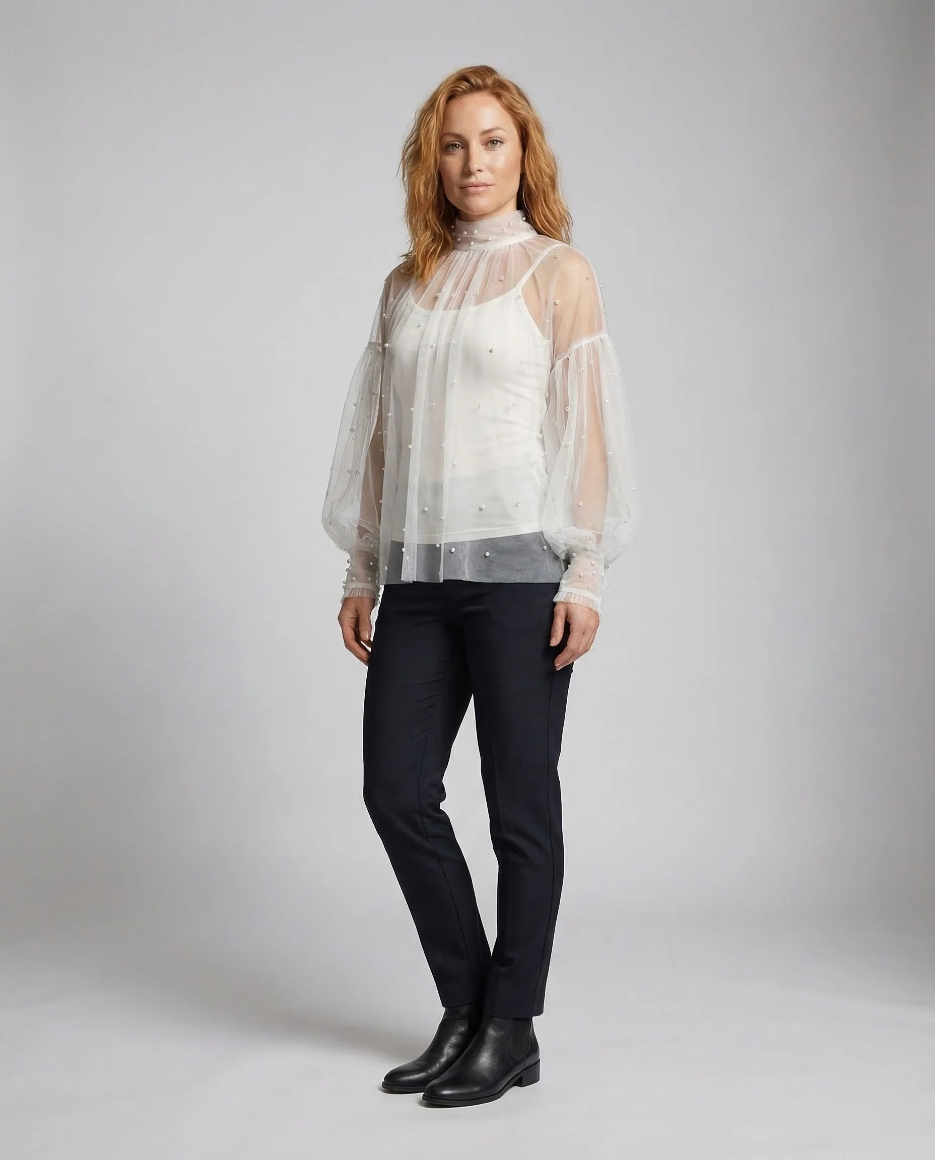 Damen Tüllbluse Perlen