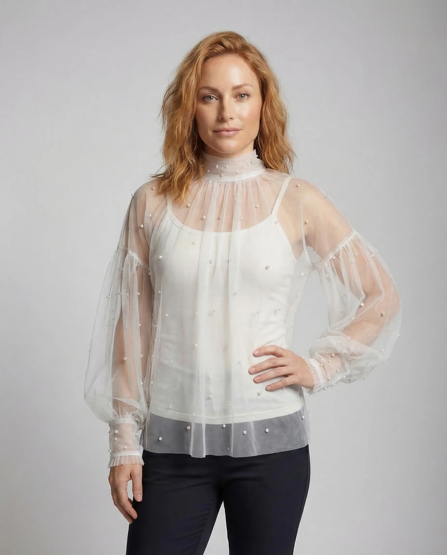Damen Tüllbluse Perlen - Image 2