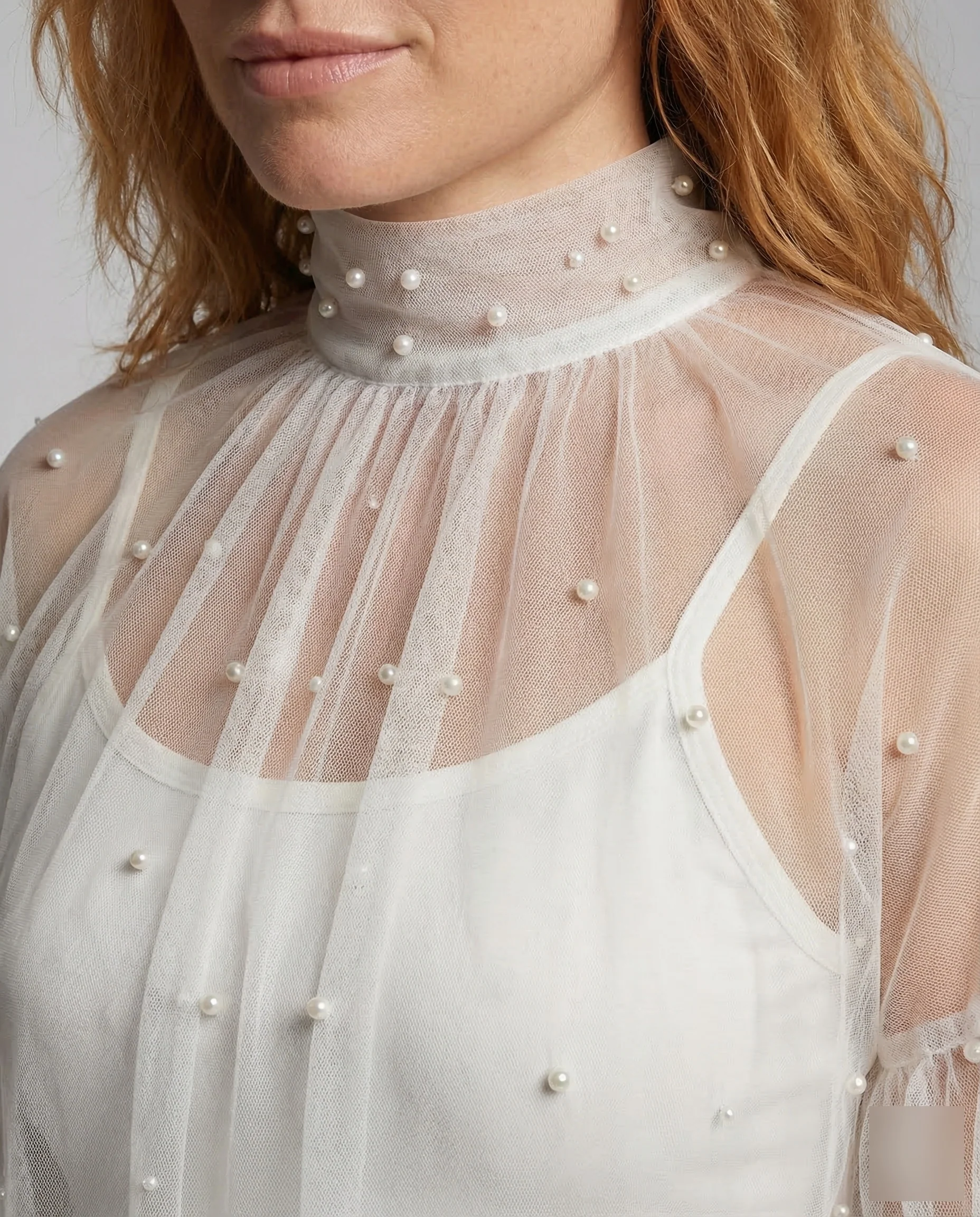 Damen Tüllbluse Perlen - Image 3