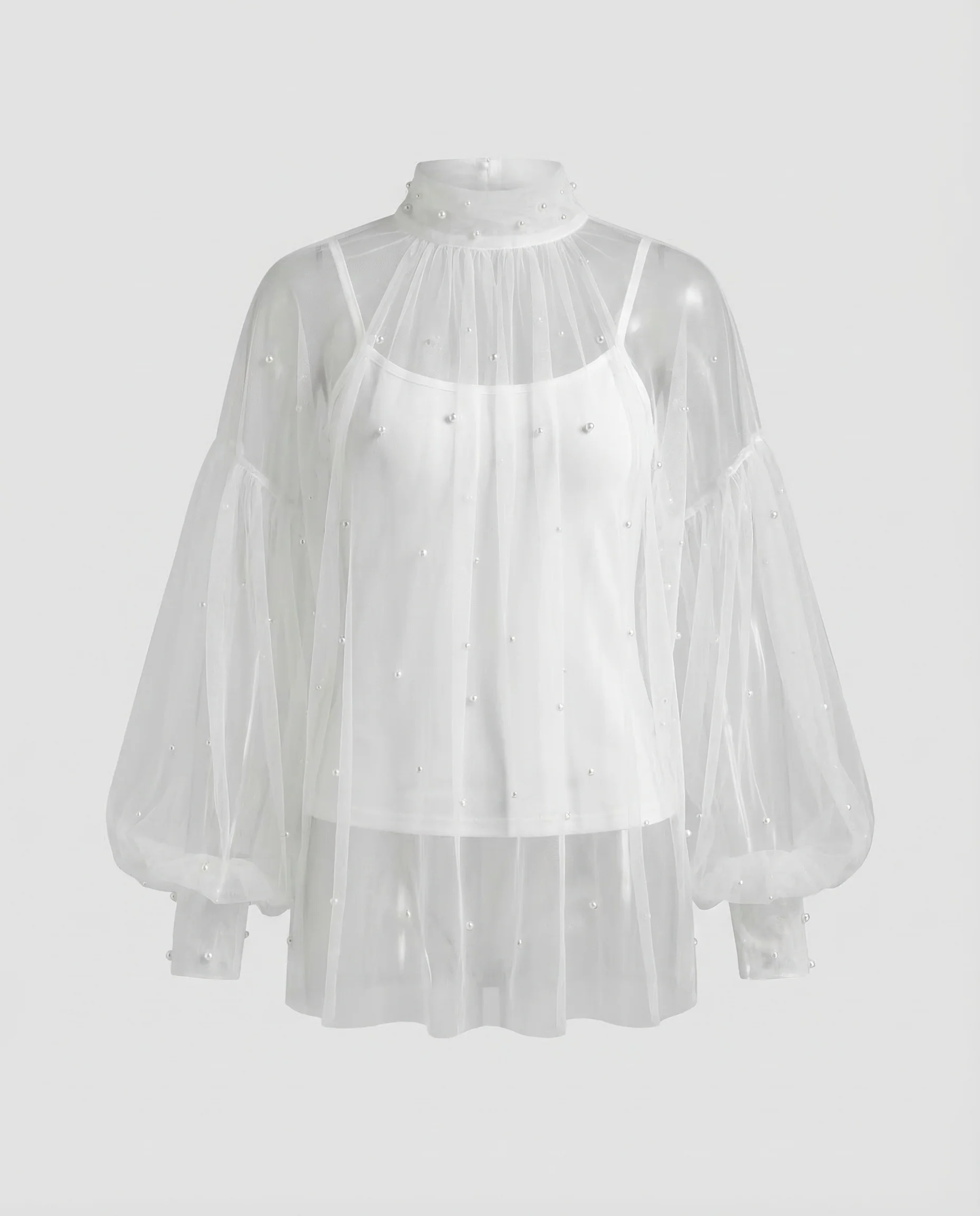 Damen Tüllbluse Perlen - Image 5