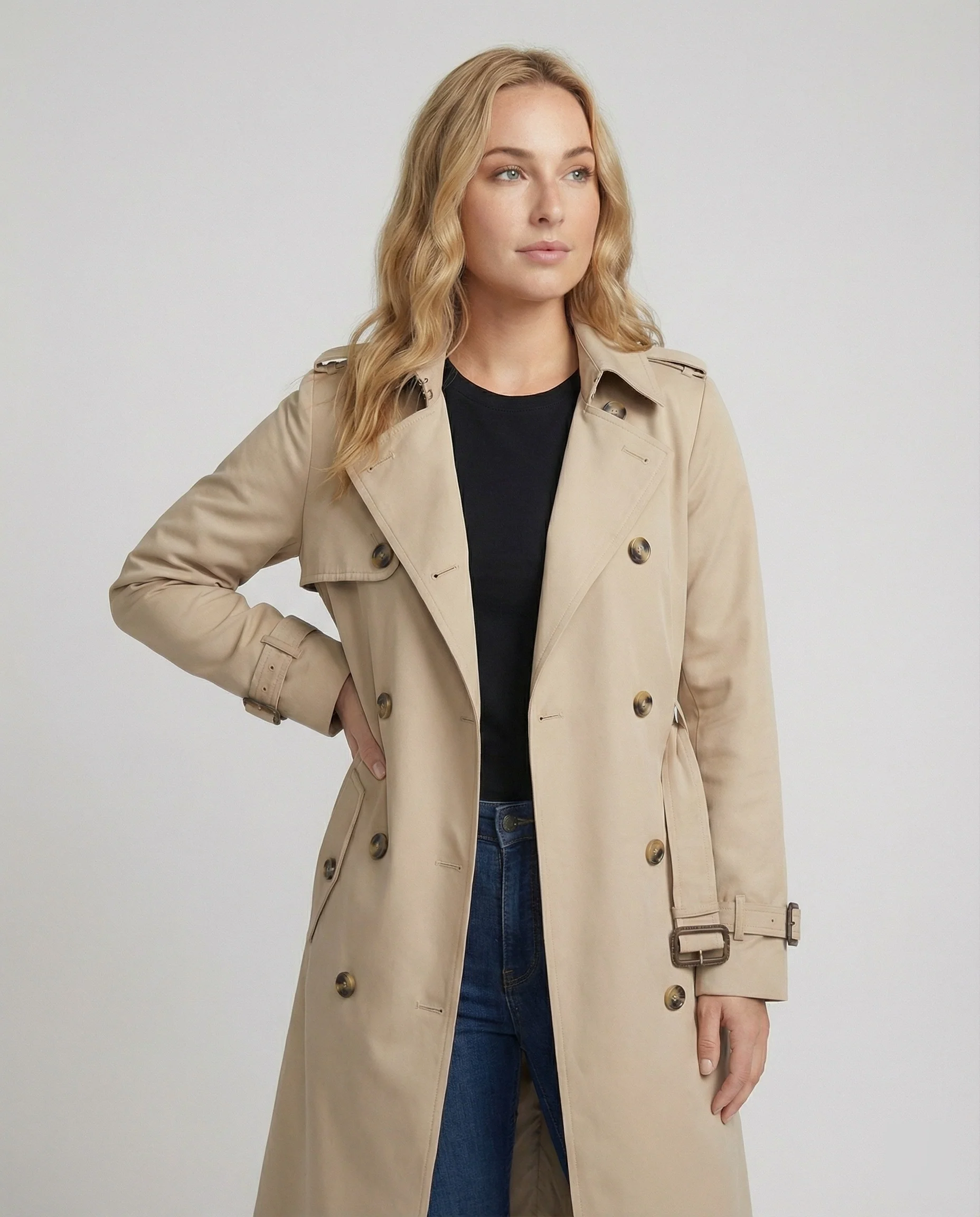 Überlanger taillierter Trenchcoat mit Gürtel und doppelreihiger Knopfleiste Heidi-Mode
