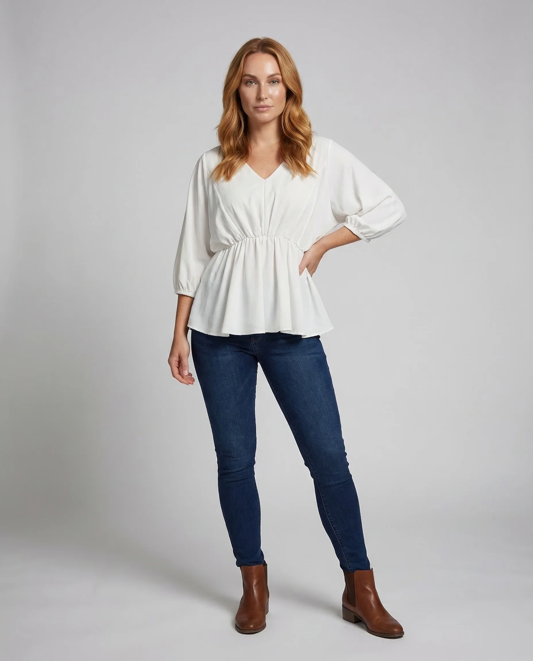 Damen Bluse V Ausschnitt Raffung