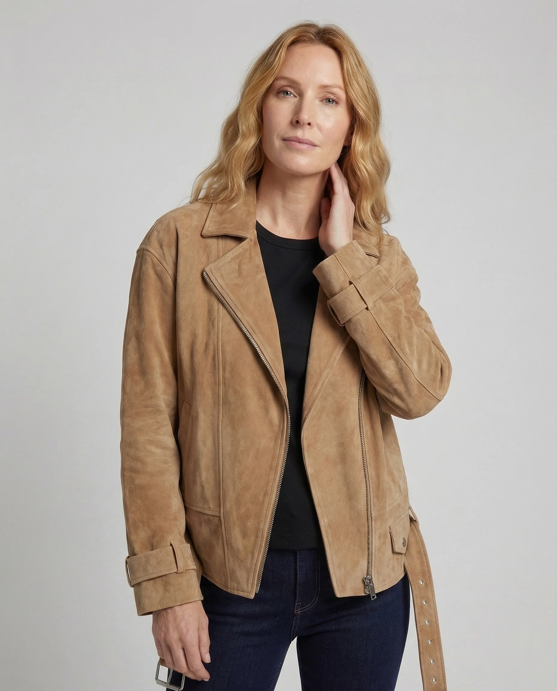 Damen Veloursleder Bikerjacke Gürtel - Image 2