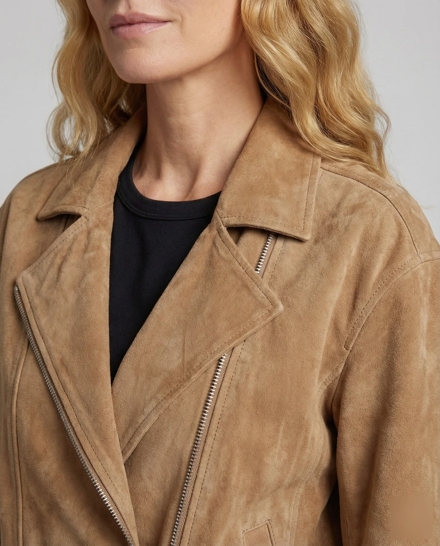Damen Veloursleder Bikerjacke Gürtel - Image 3
