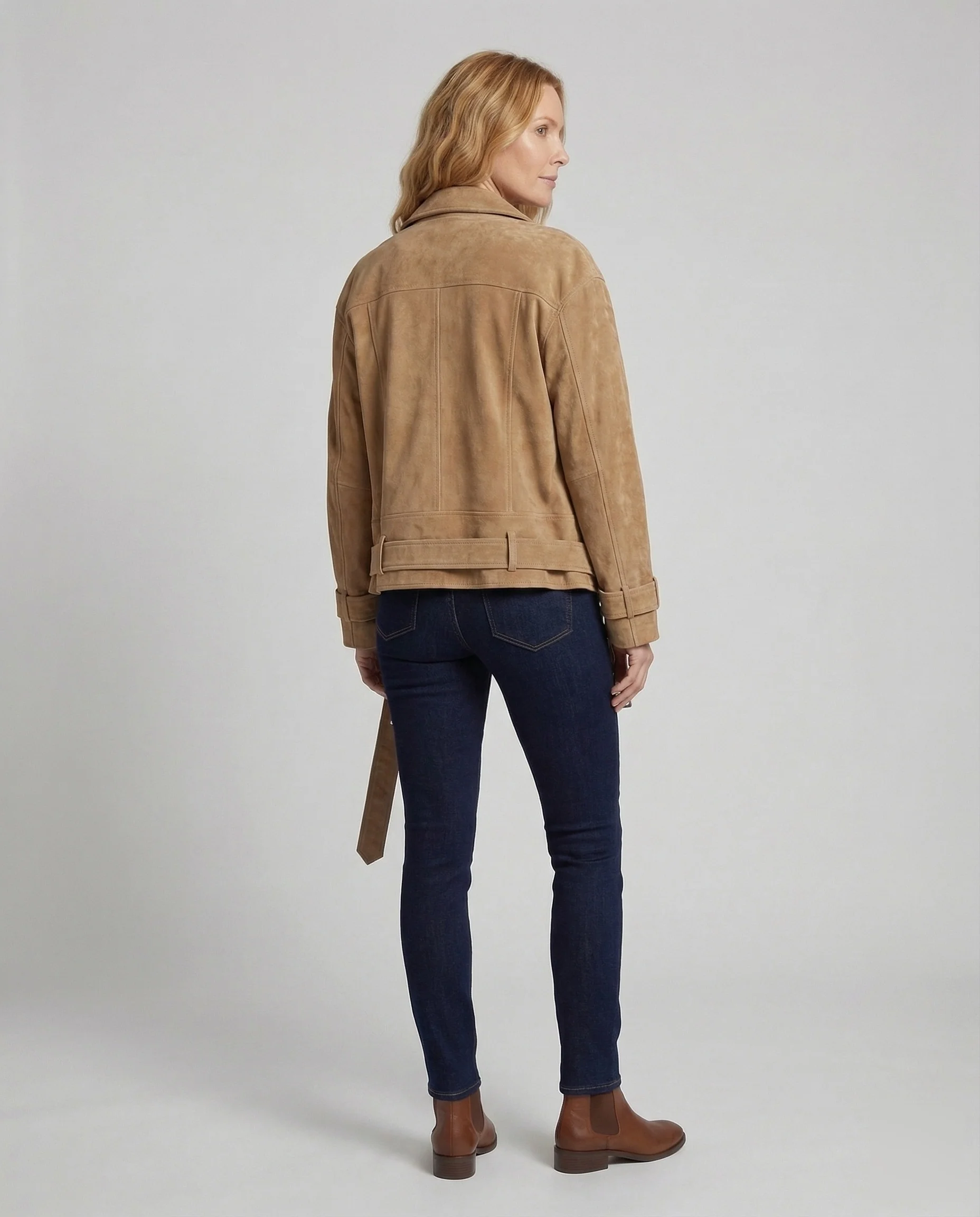 Damen Veloursleder Bikerjacke Gürtel - Image 4