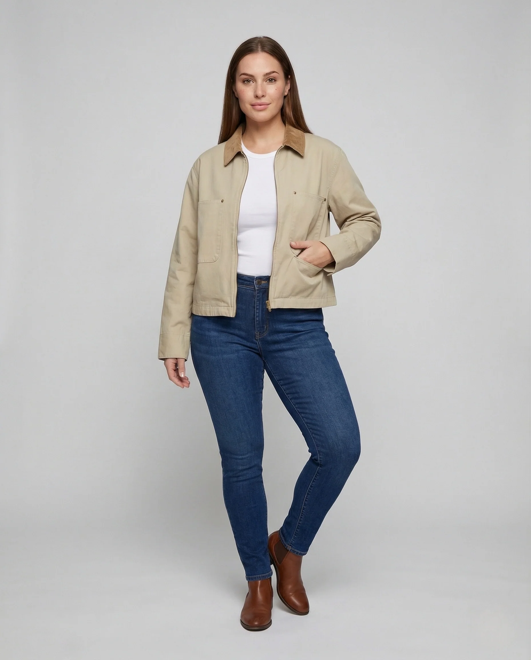 Damen Canvas Workerjacke Cordkragen