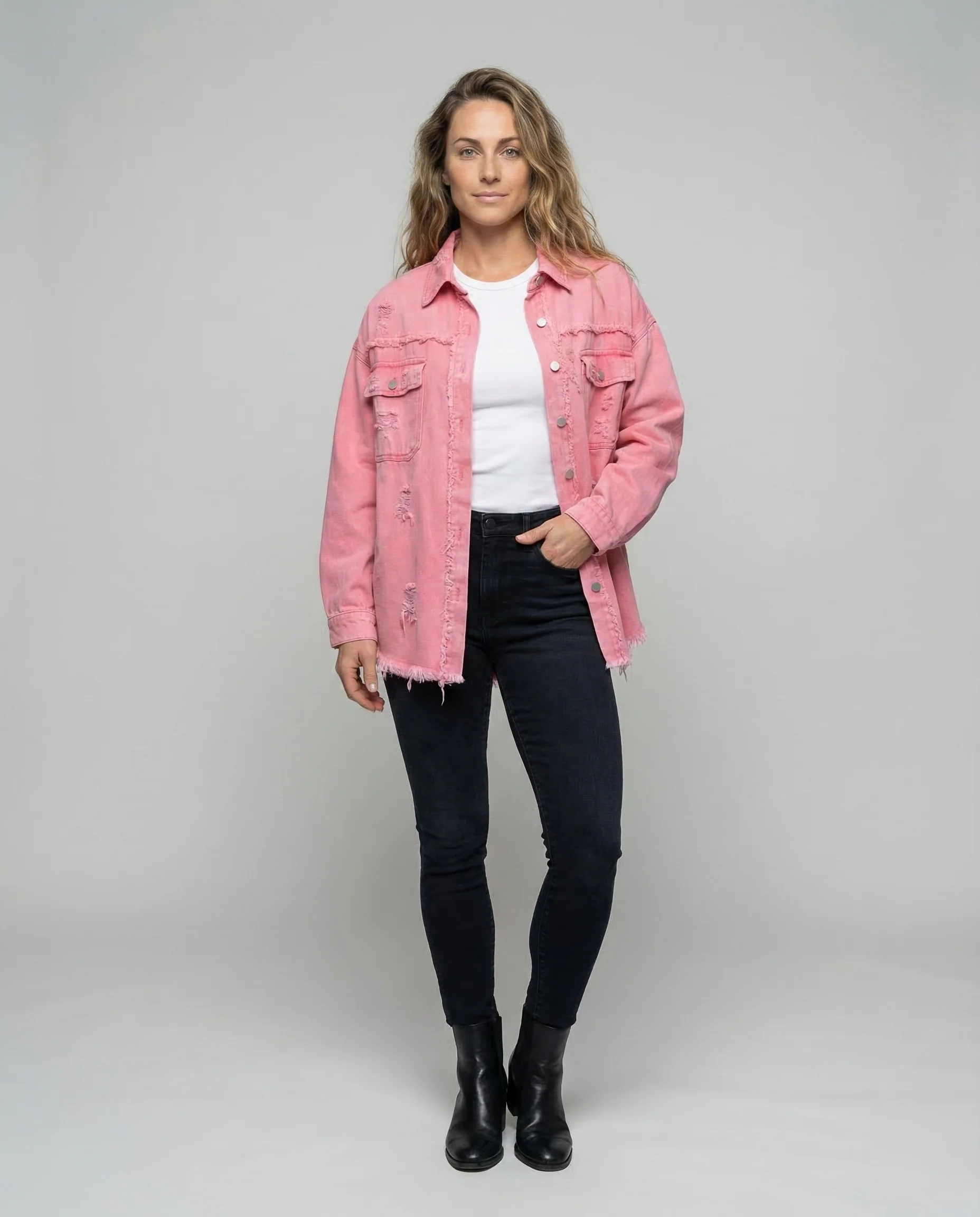 Damen Lange Jeanshemdjacke Used-Look