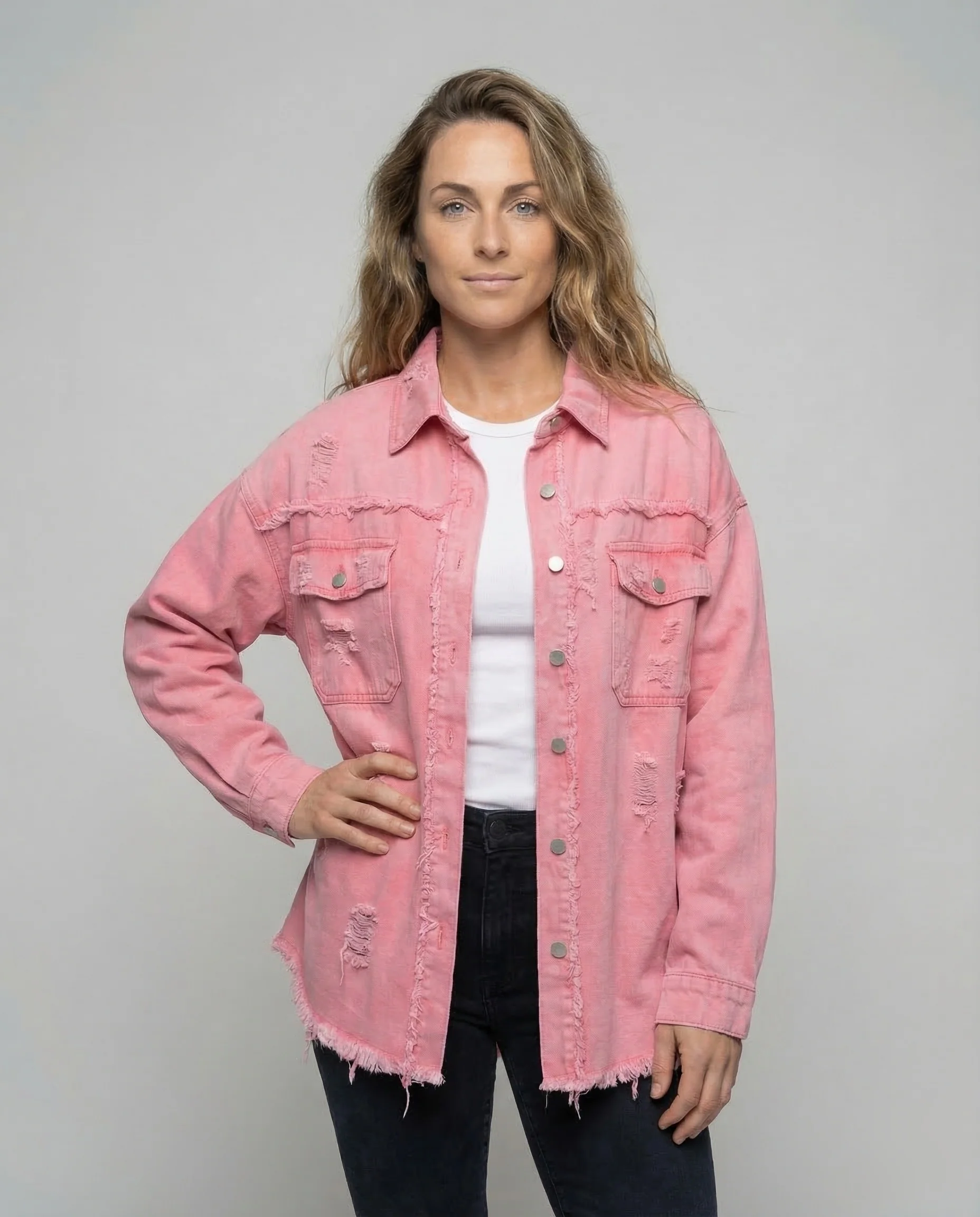 Damen Lange Jeanshemdjacke Used-Look - Image 2