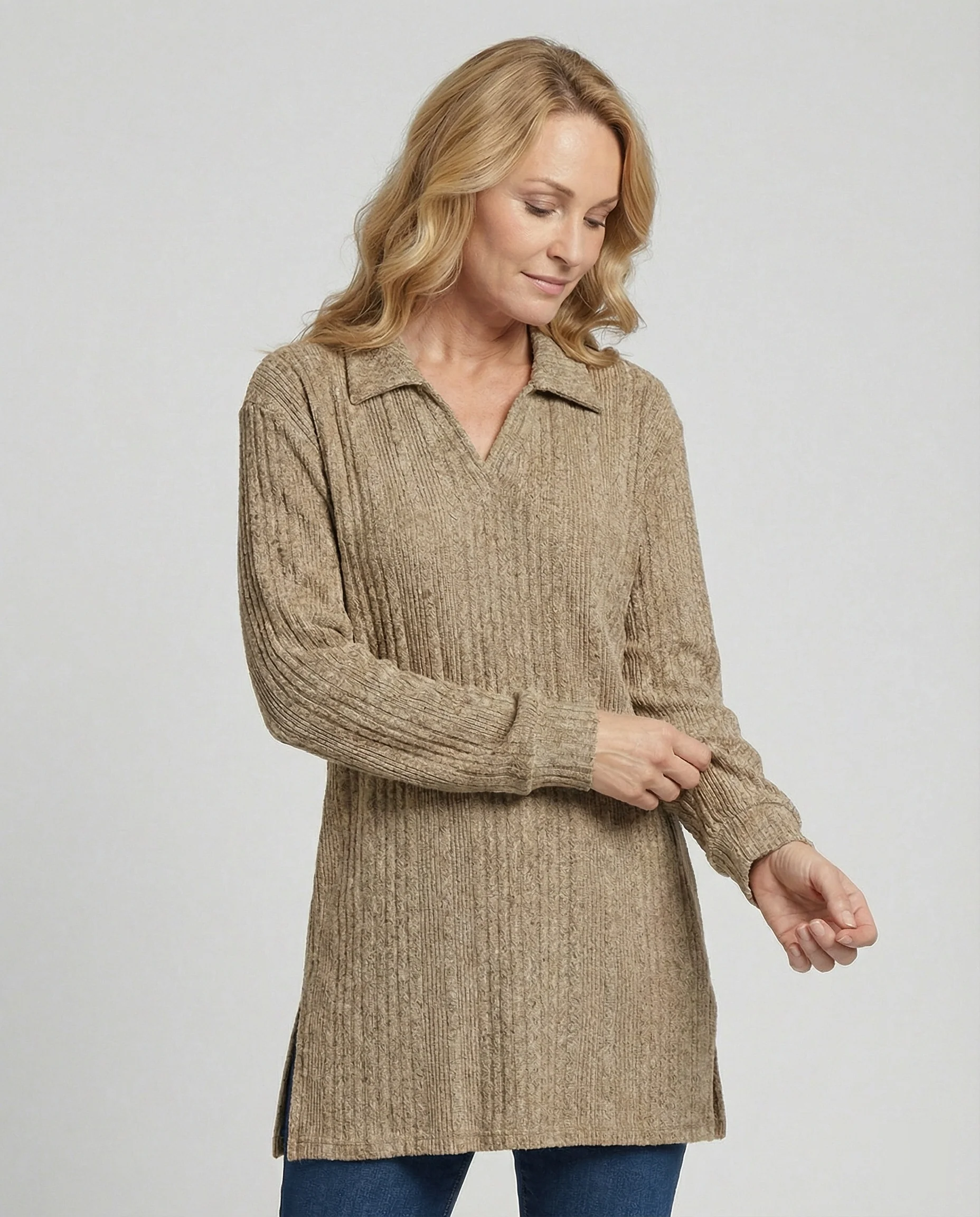 Damen Rippstrick Pullover mit Kragen