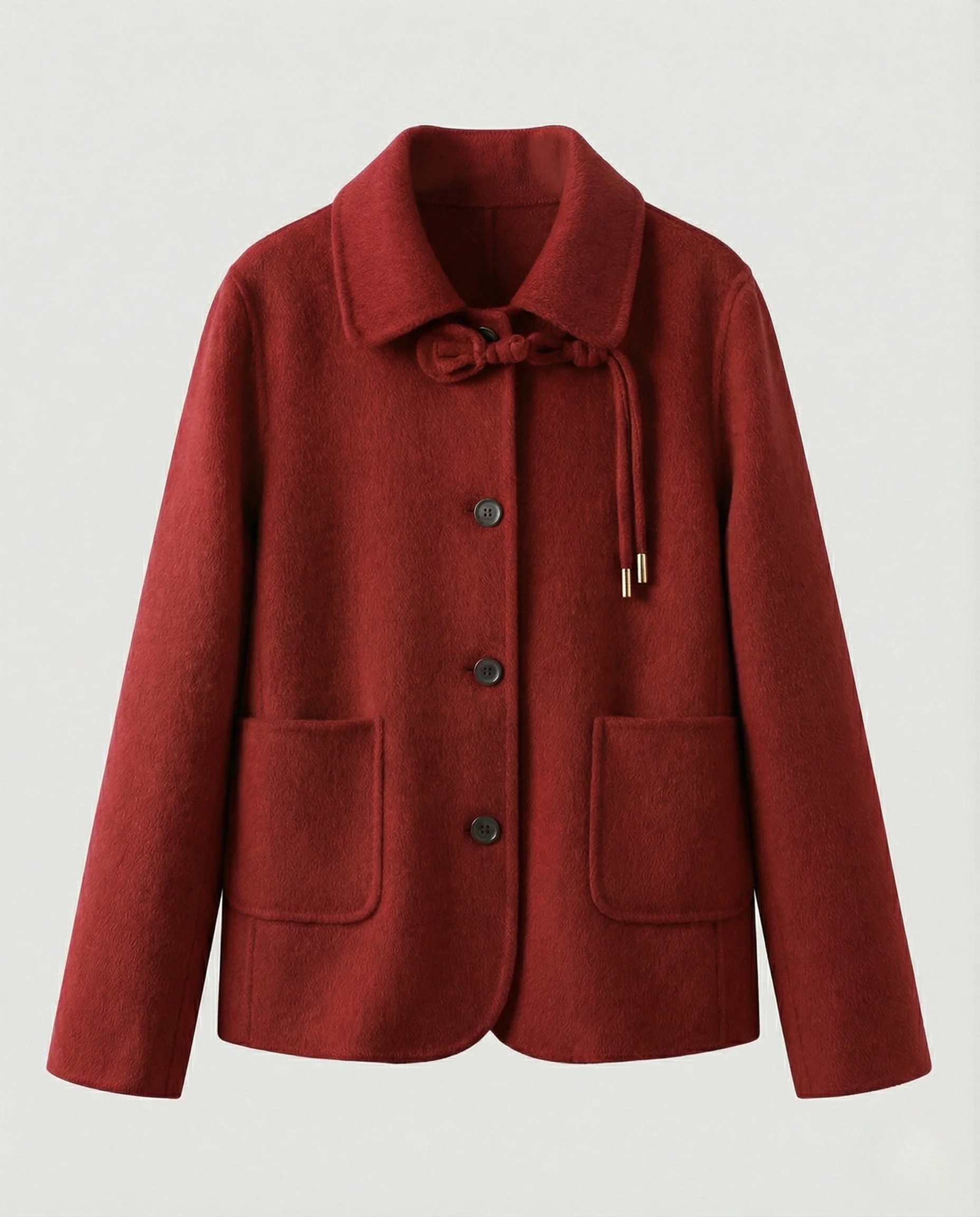 Weicher Wollmix-Kurzmantel mit abgerundetem Saum Zierknotendetail am Kragen und aufgesetzten Taschen - Image 6