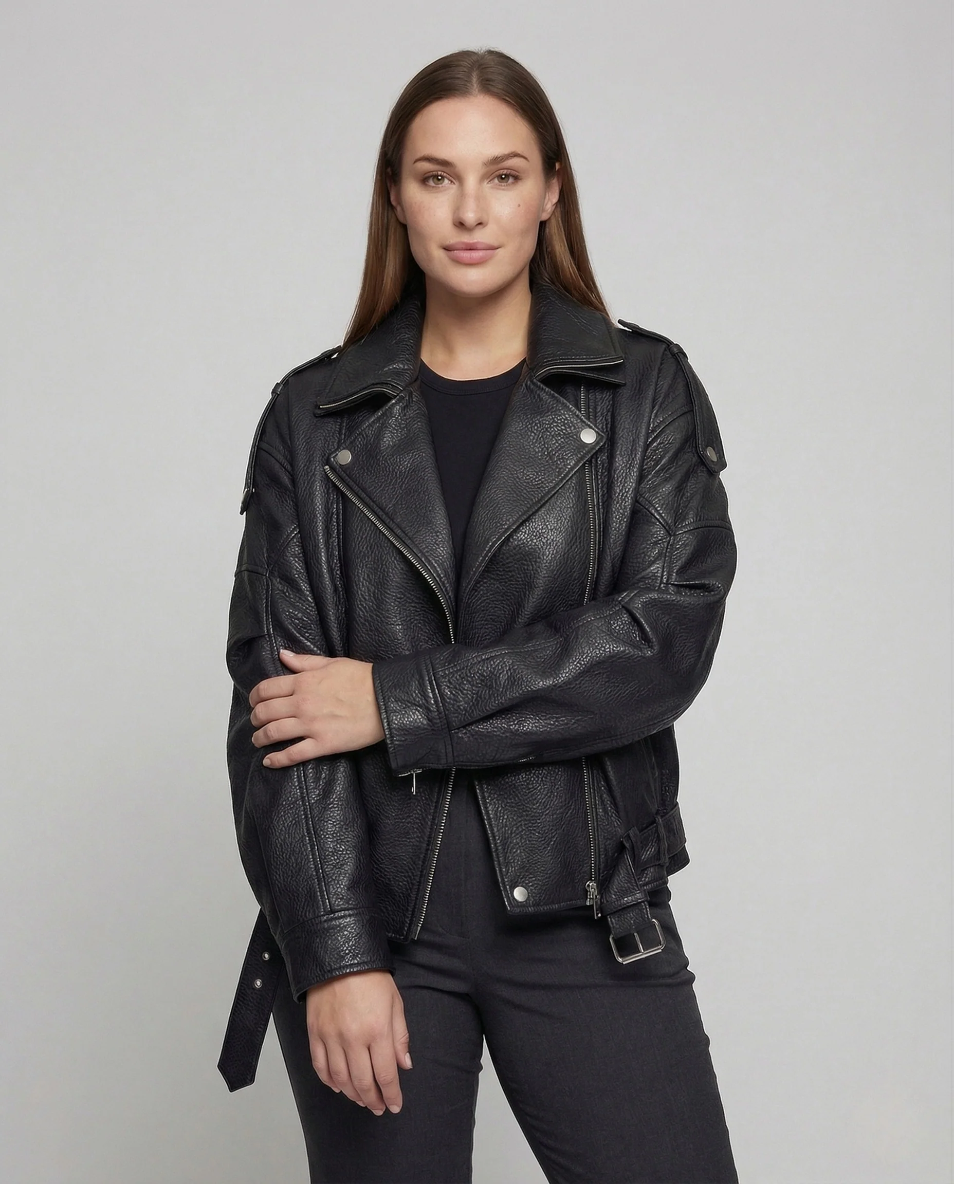 Damen Bikerjacke Kunstleder Weit Taillengürtel - Image 2