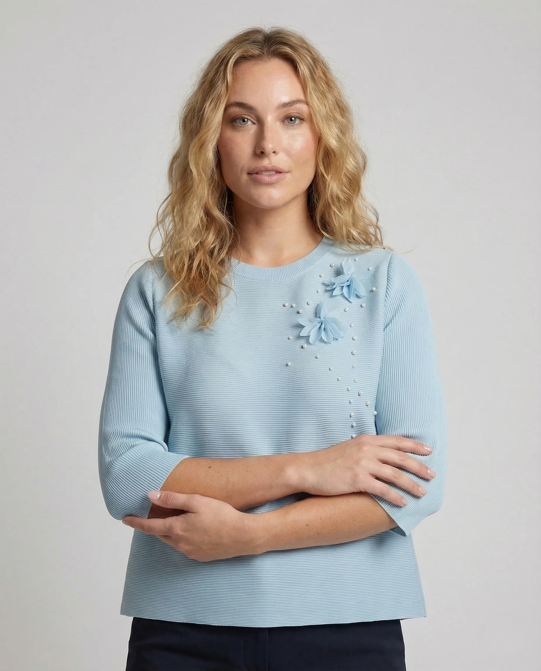 Damen Bluse Weit Blütenapplikation - Image 2