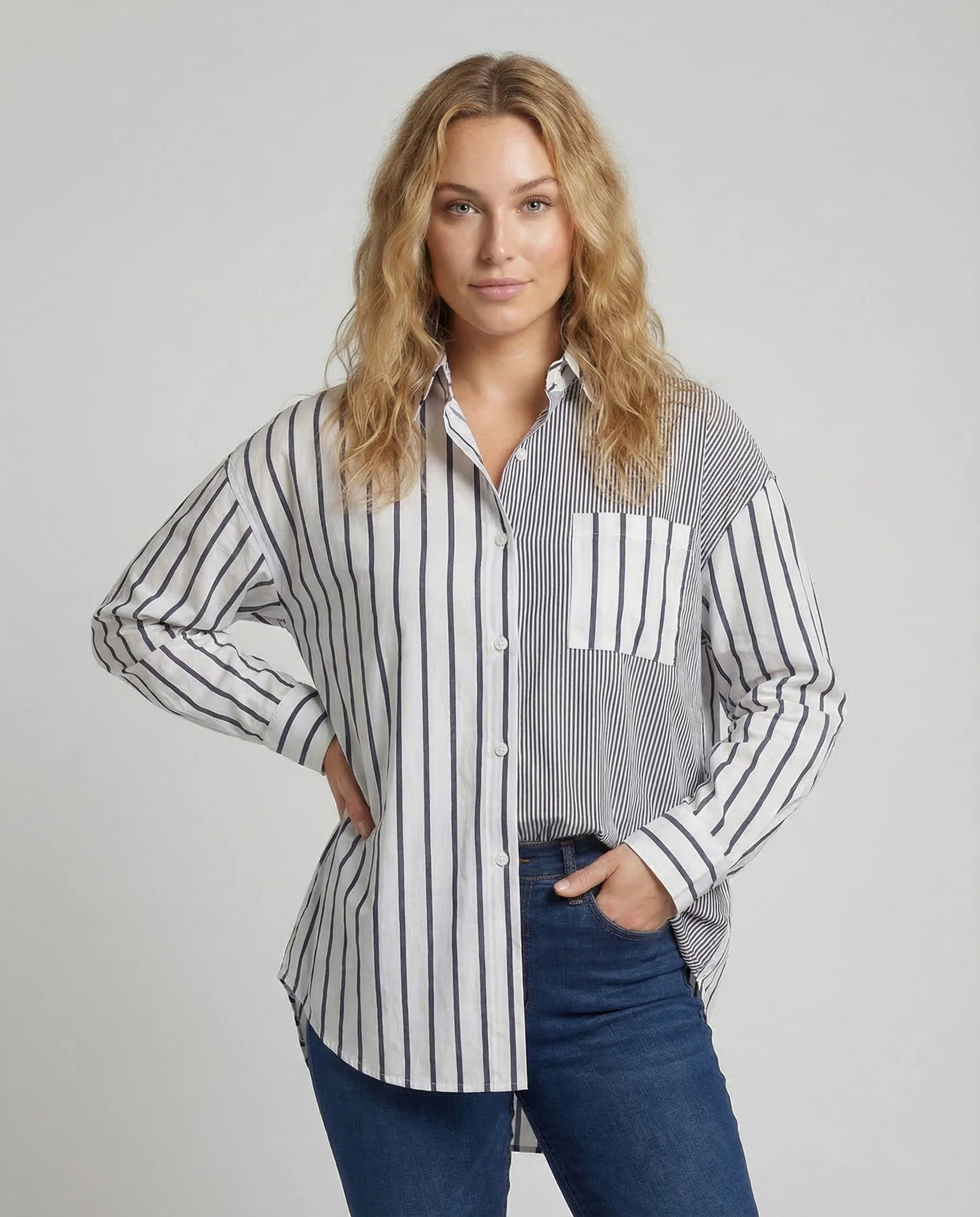 Damen Hemdbluse Streifen Knopfleiste - Image 2