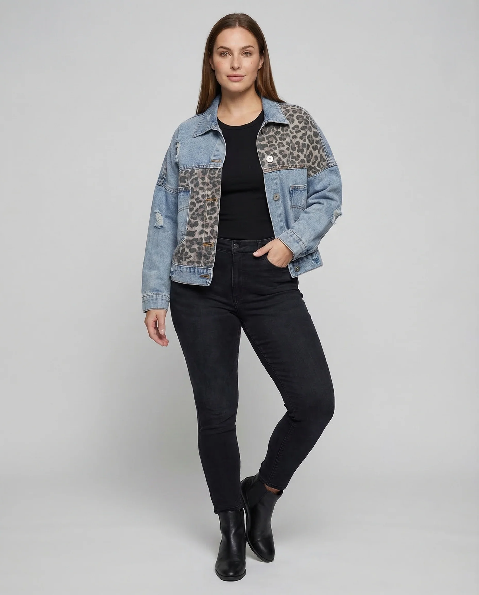 Damen Jeansjacke Oversize Leopardenbesatz Used