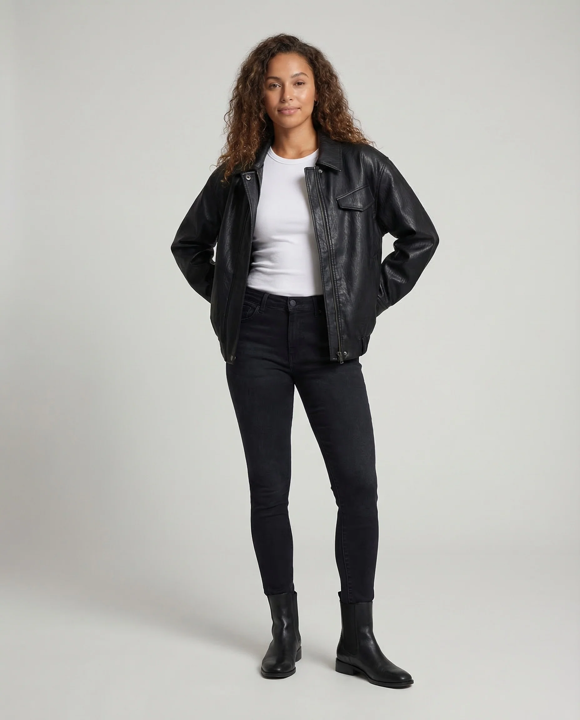 Damen Lederimitatjacke Hemdkragen