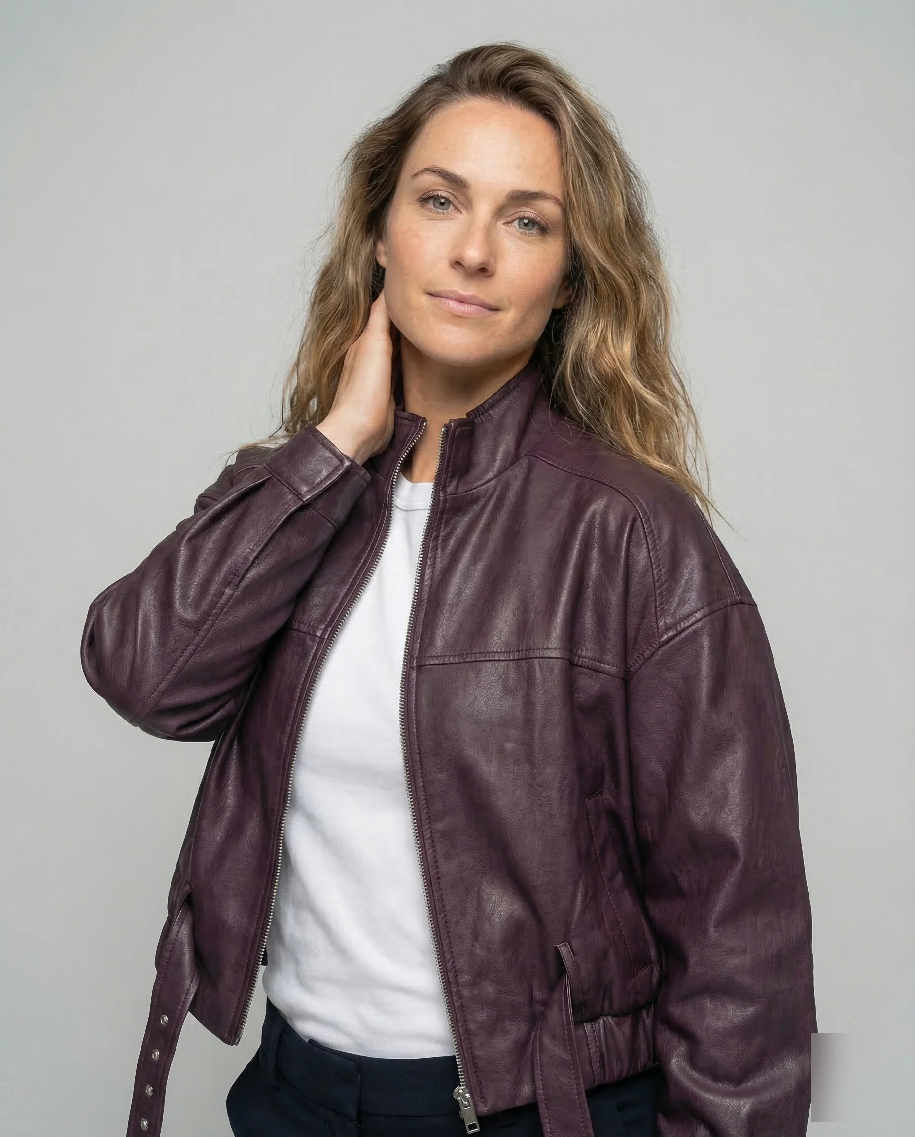 Damen Lederjacke Weit Stehkragen Gürtel - Image 2